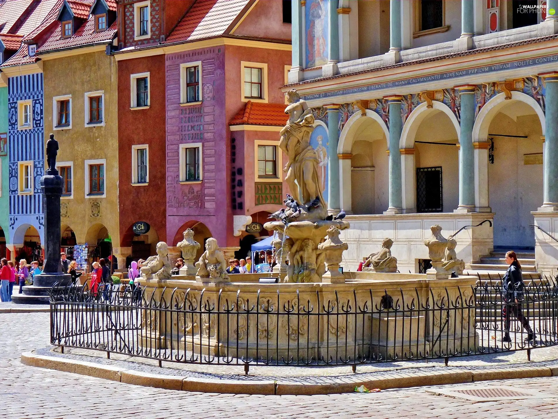 market, Poznań, houses, Old car, fountain
