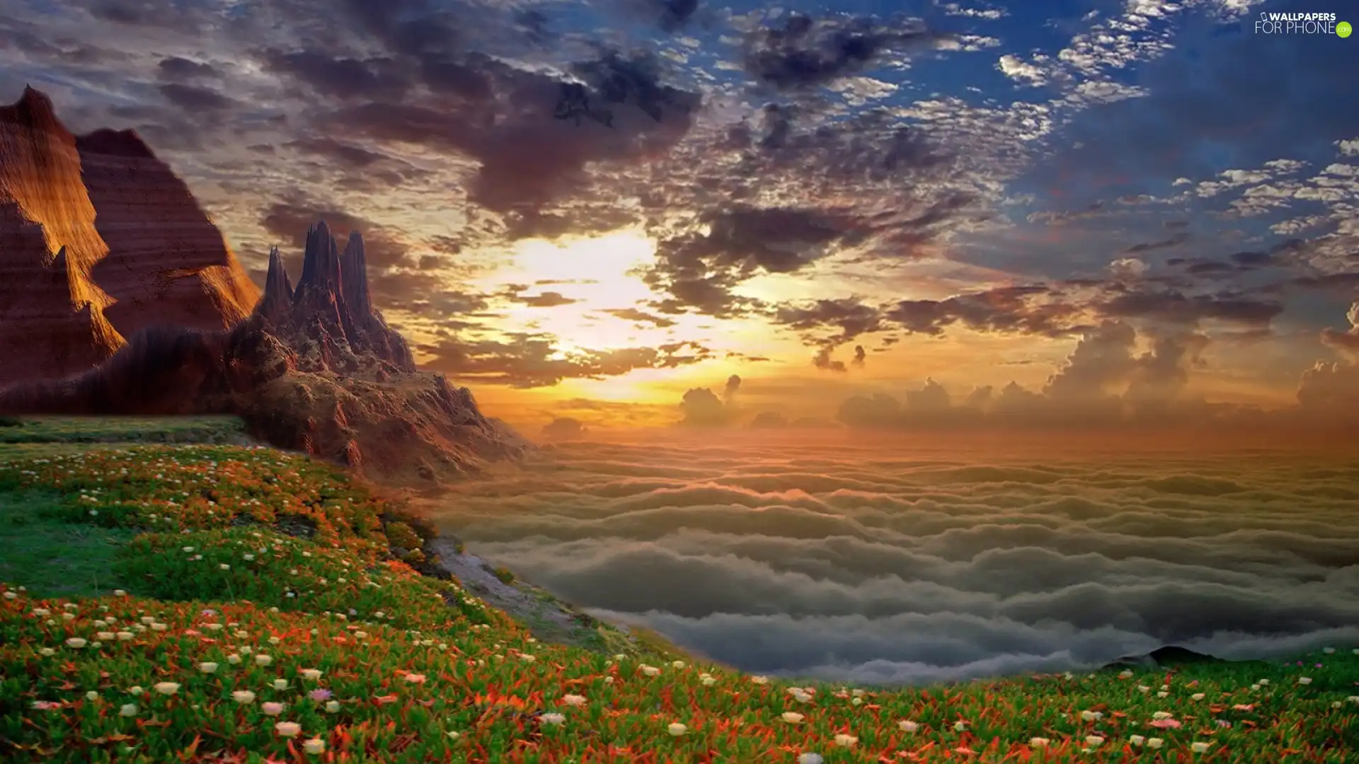Meadow, Mountains, clouds