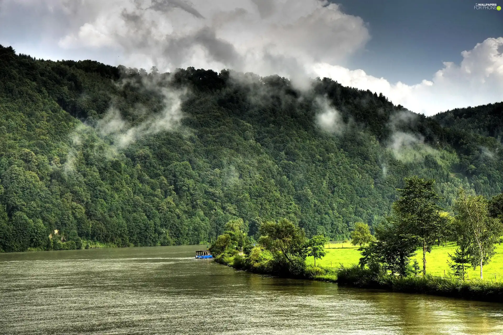 Meadow, clouds, Mountains, woods, River