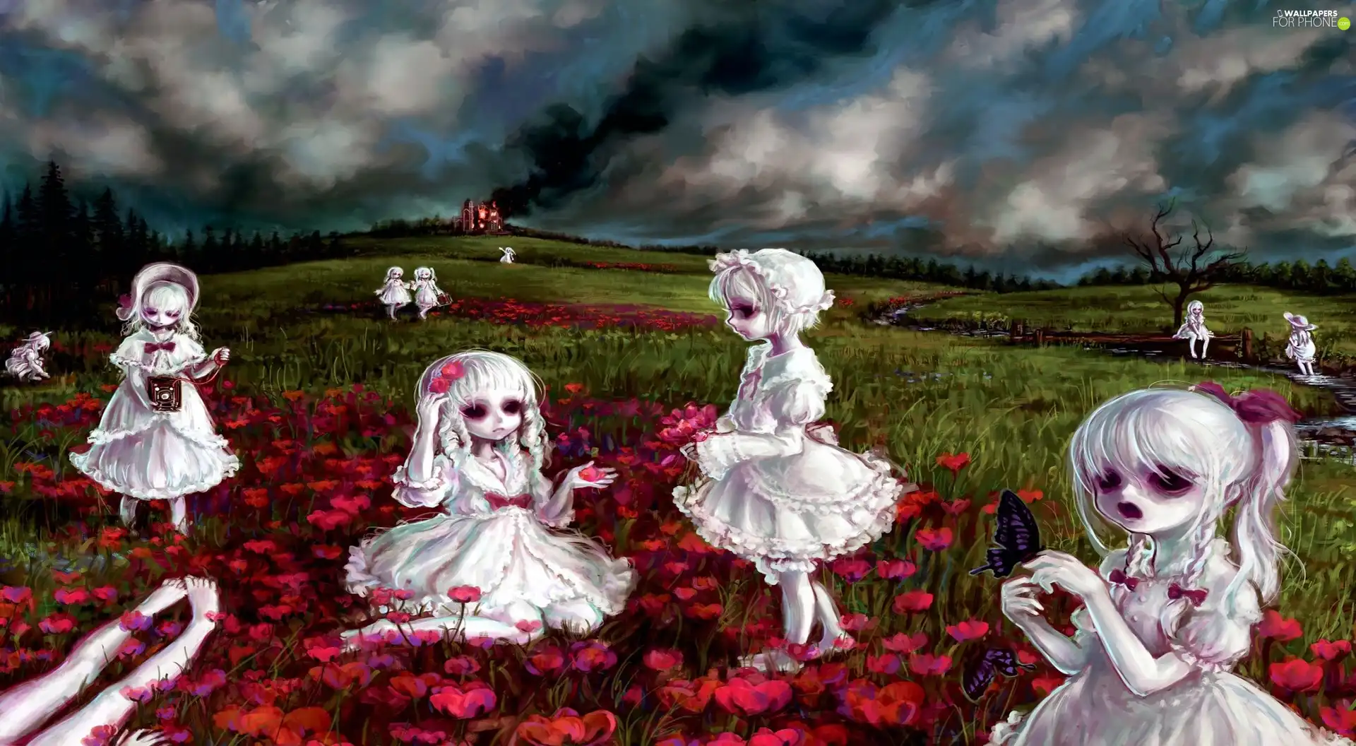 Meadow, Flowers, without, eye, girls