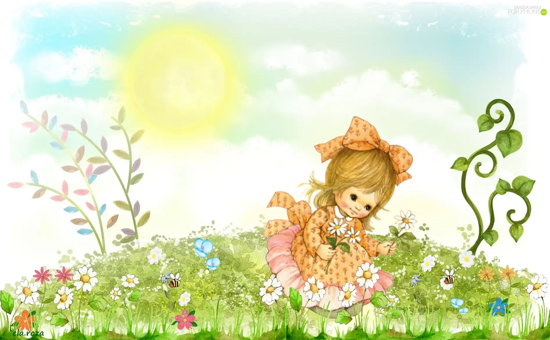 Meadow, Flowers, happiness, girl, land