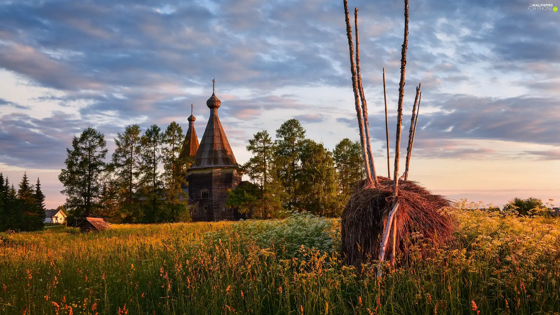 Houses, Stack, Cerkiew, Meadow