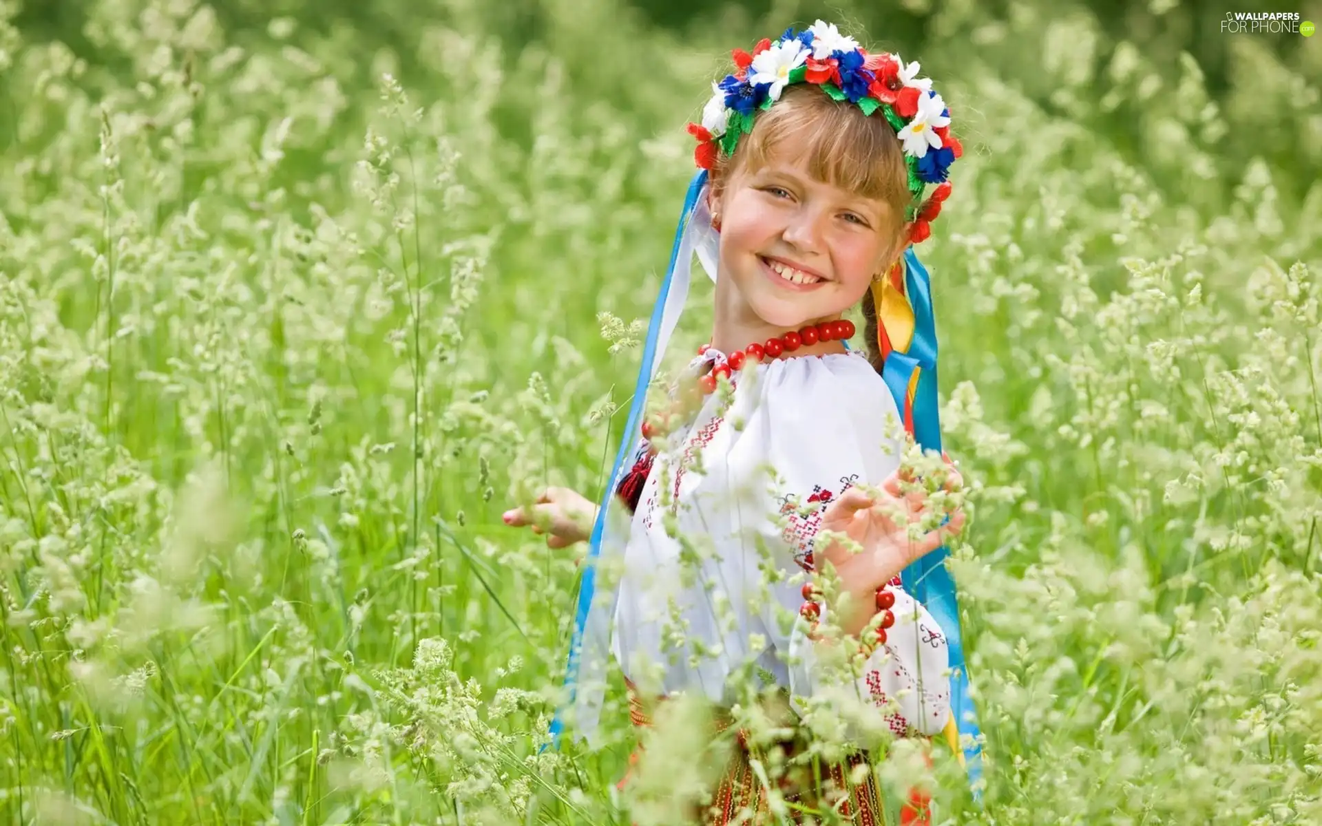 laughing, wreath, Meadow, girl