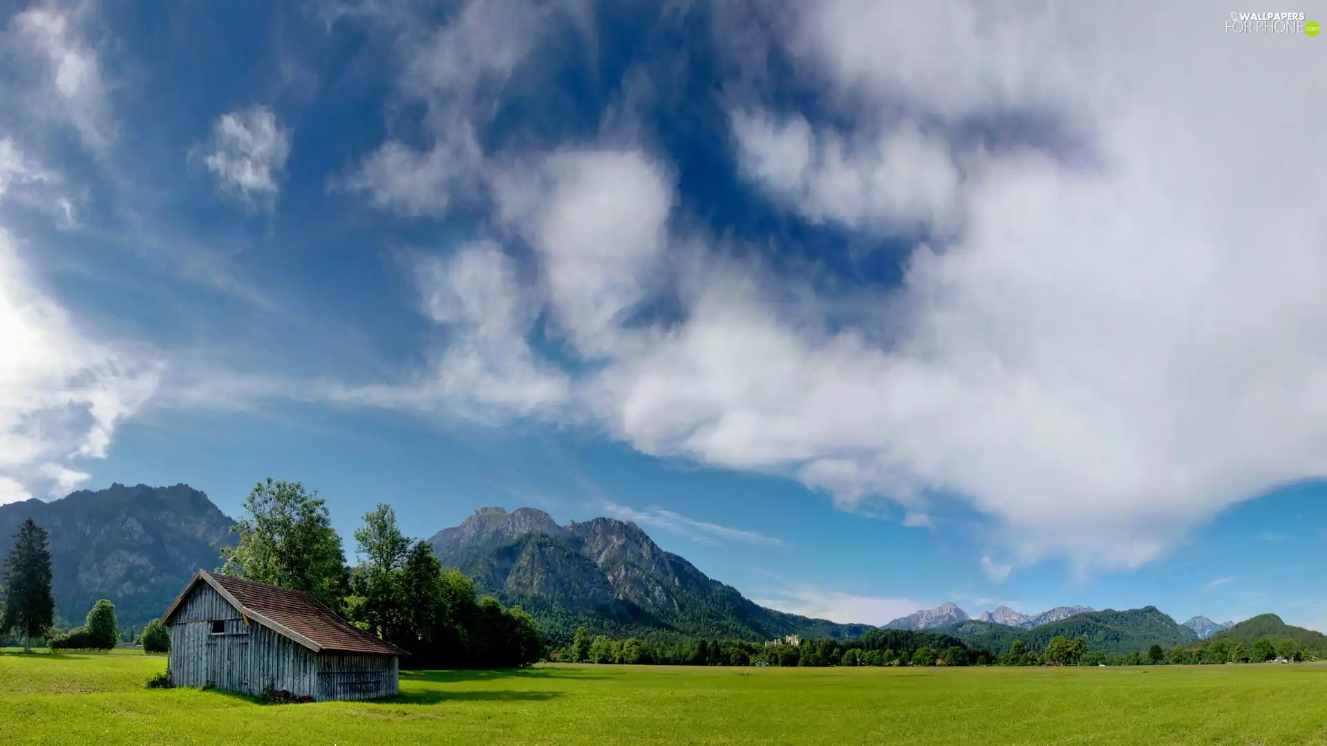 Mountains, crib, Meadow, Wooden