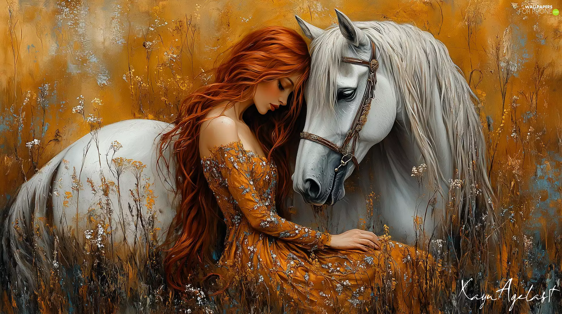 Horse, Meadow, redhead, White, Women