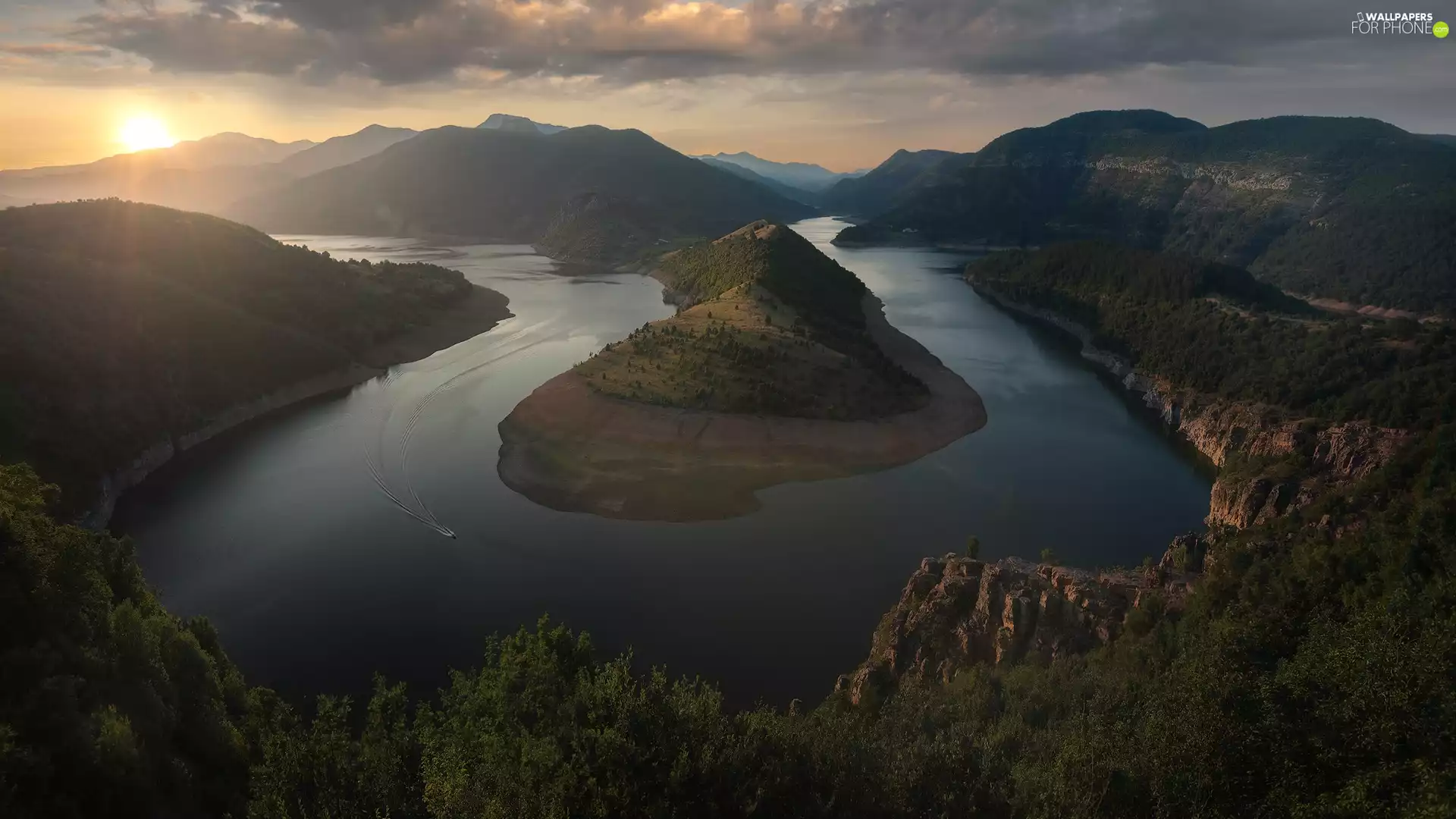 Meander, Bulgaria, rocks, curve, Arda River, Rhodope Mountains, sun
