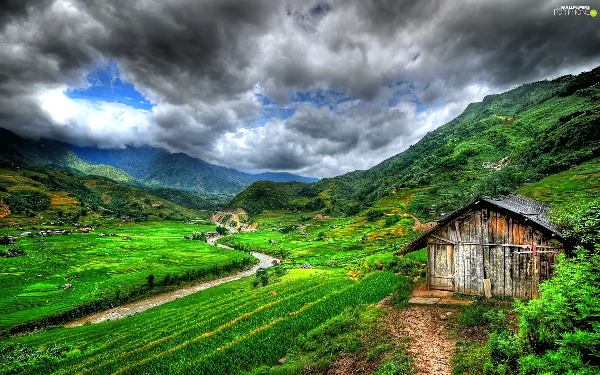 medows, clouds, Mountains