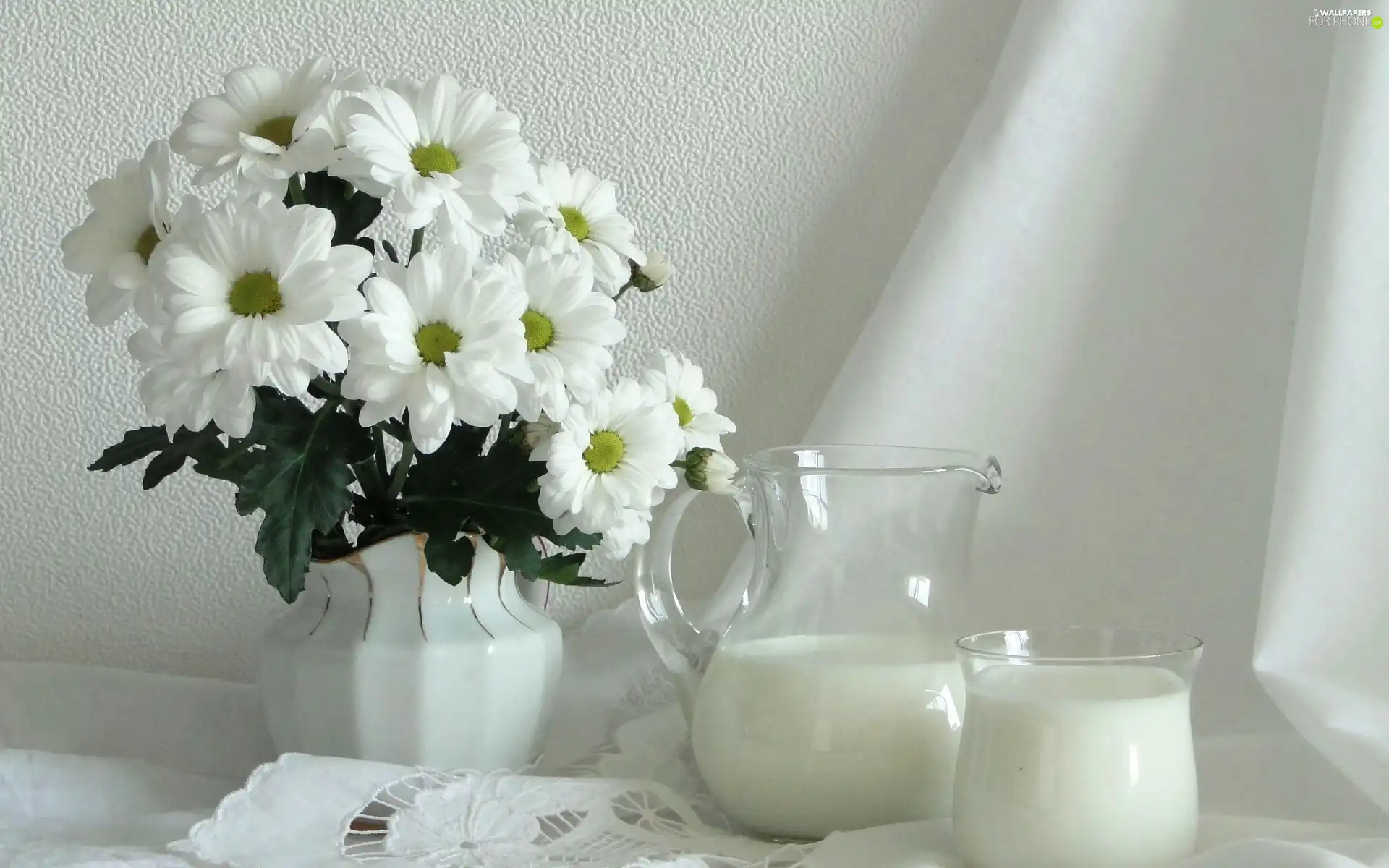 bouquet, jug, milk, napkin, flowers, White
