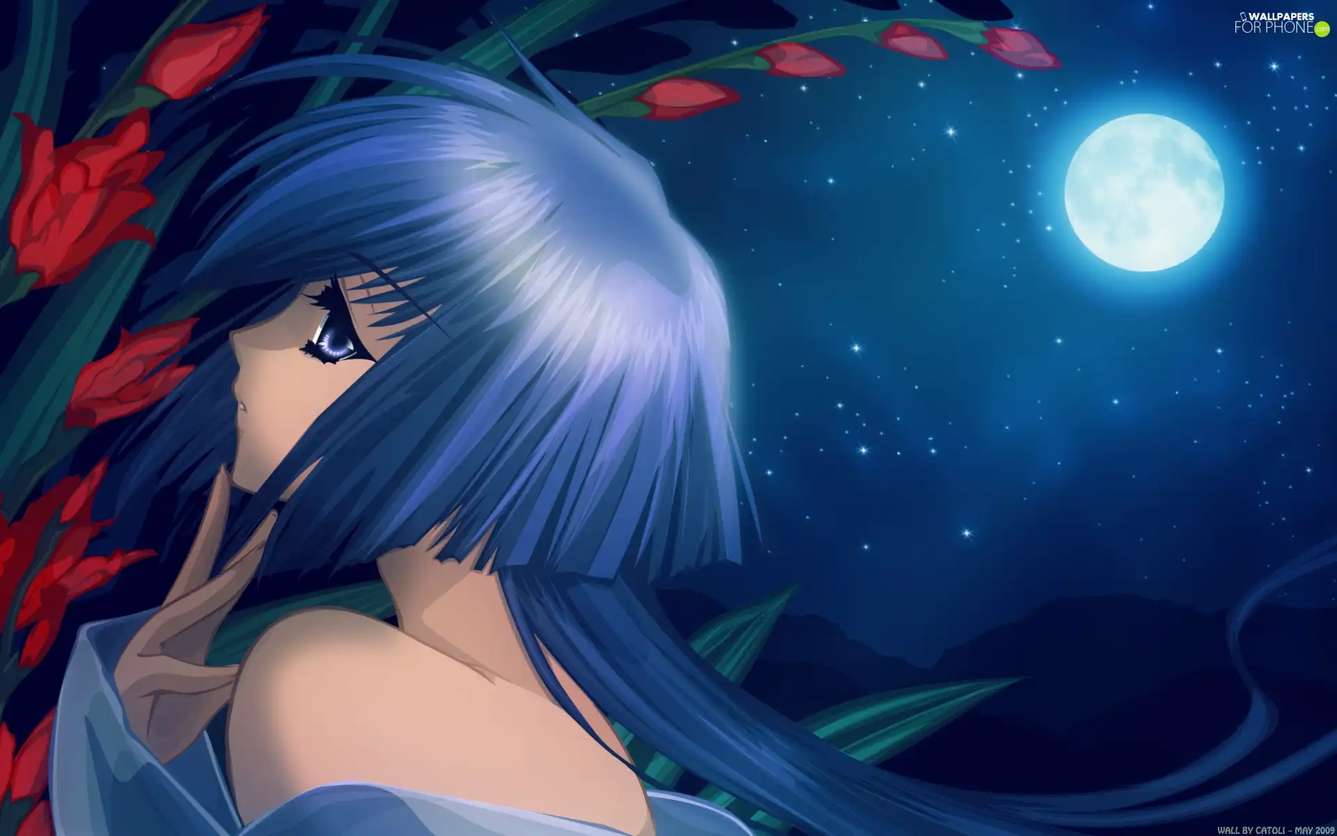 moon, girl, Flowers