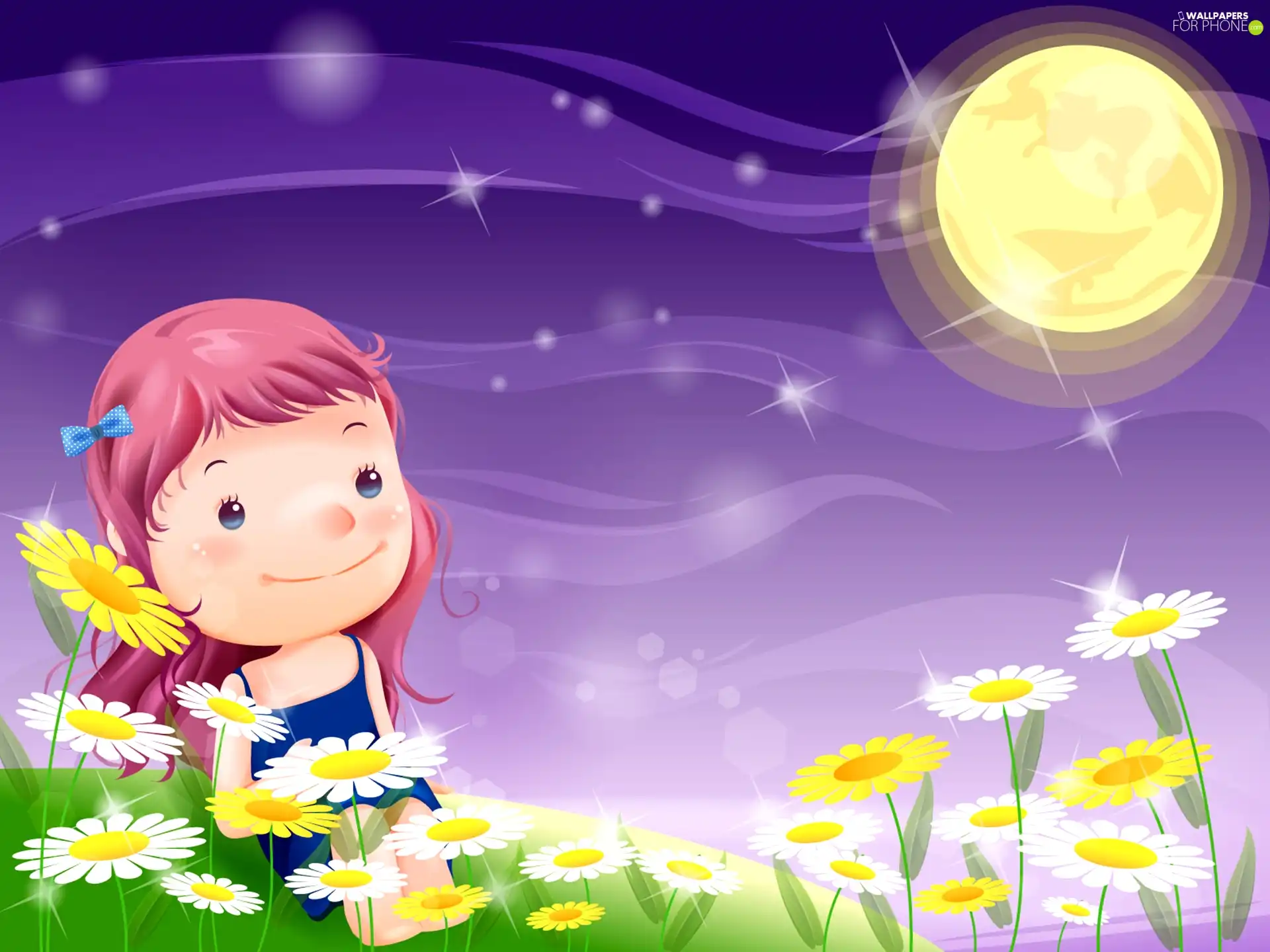 girl, Flowers, moon, Meadow