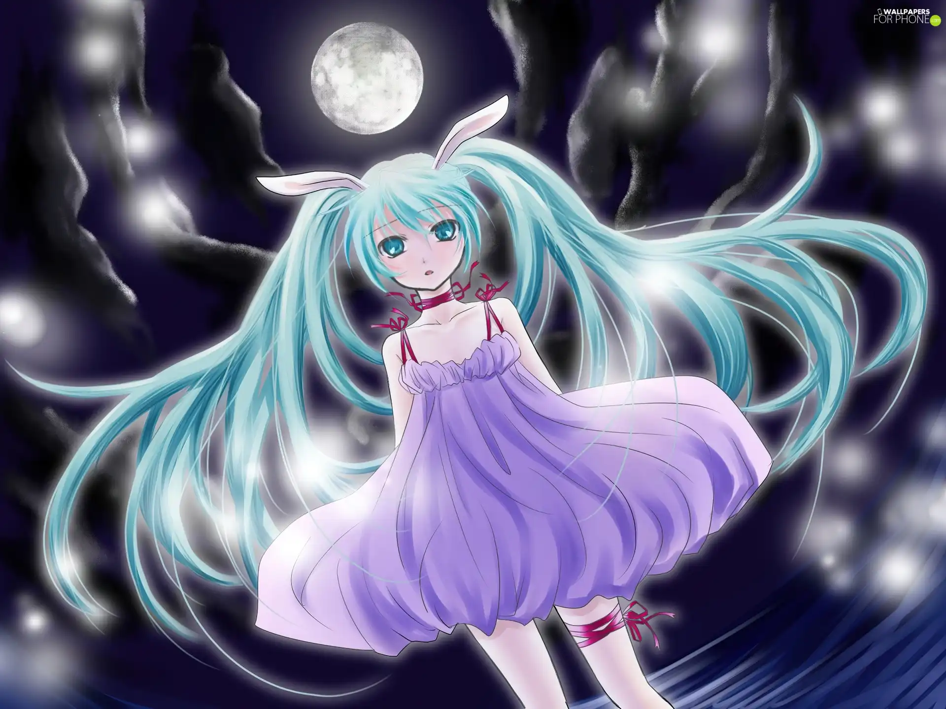 Vocaloid, Dress, moon, Miku Hatsune