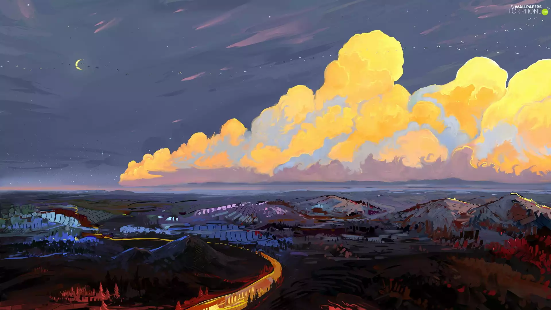 clouds, moon, Mountains, Way, graphics