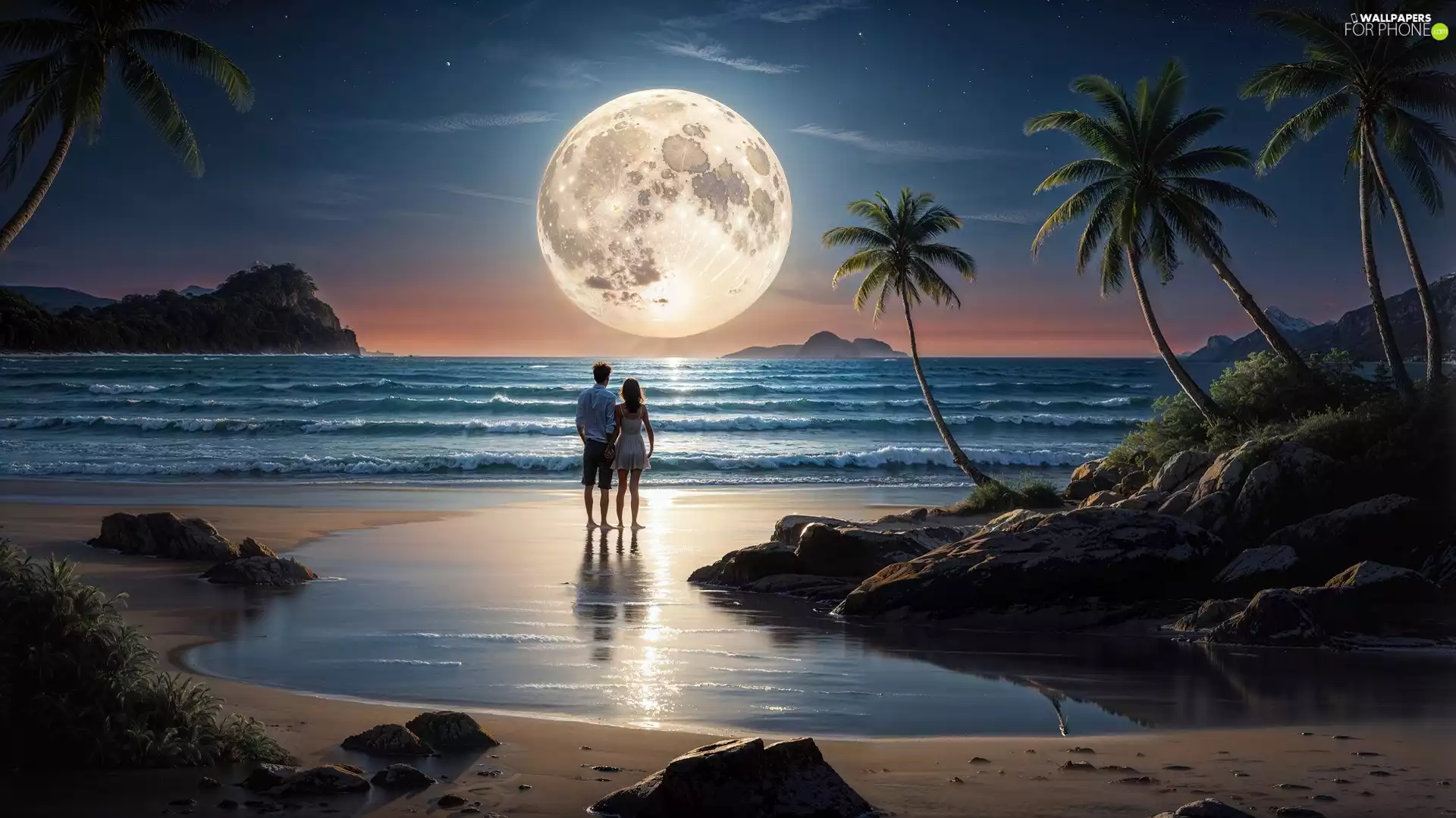 Palms, Women, sea, a man, Steam, Beaches, moon