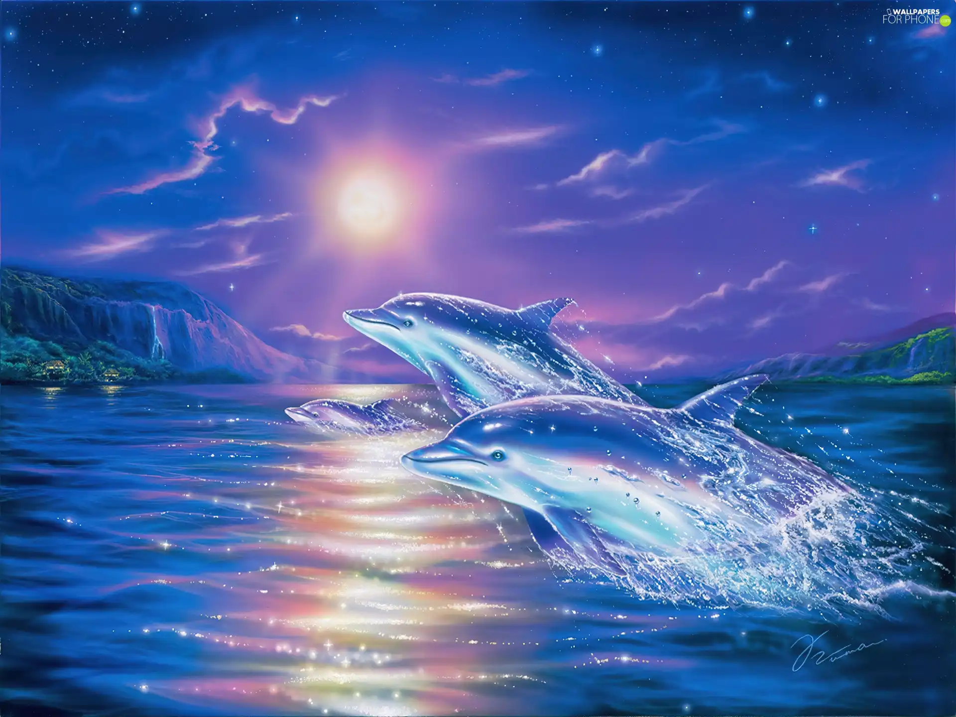 Three, water, moon, dolphins