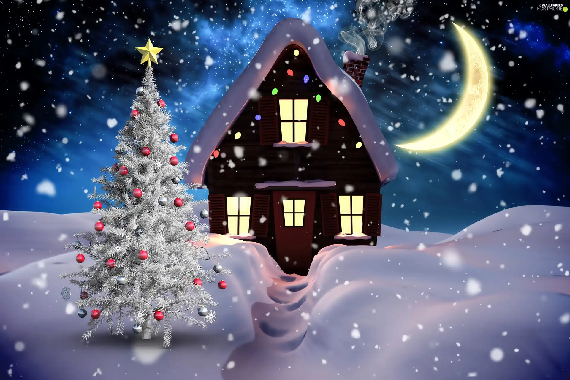 moon, winter, house, Night, christmas tree