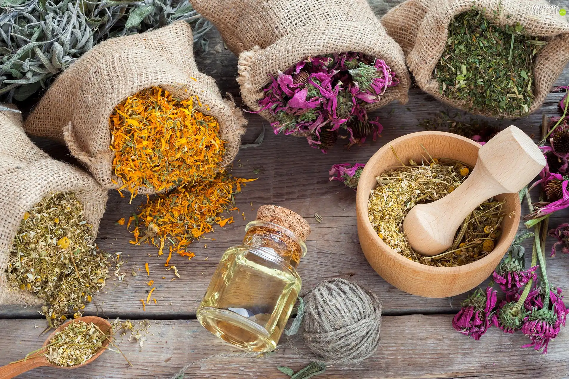 Flowers, dried, wooden, mortar, Bags, Herbs