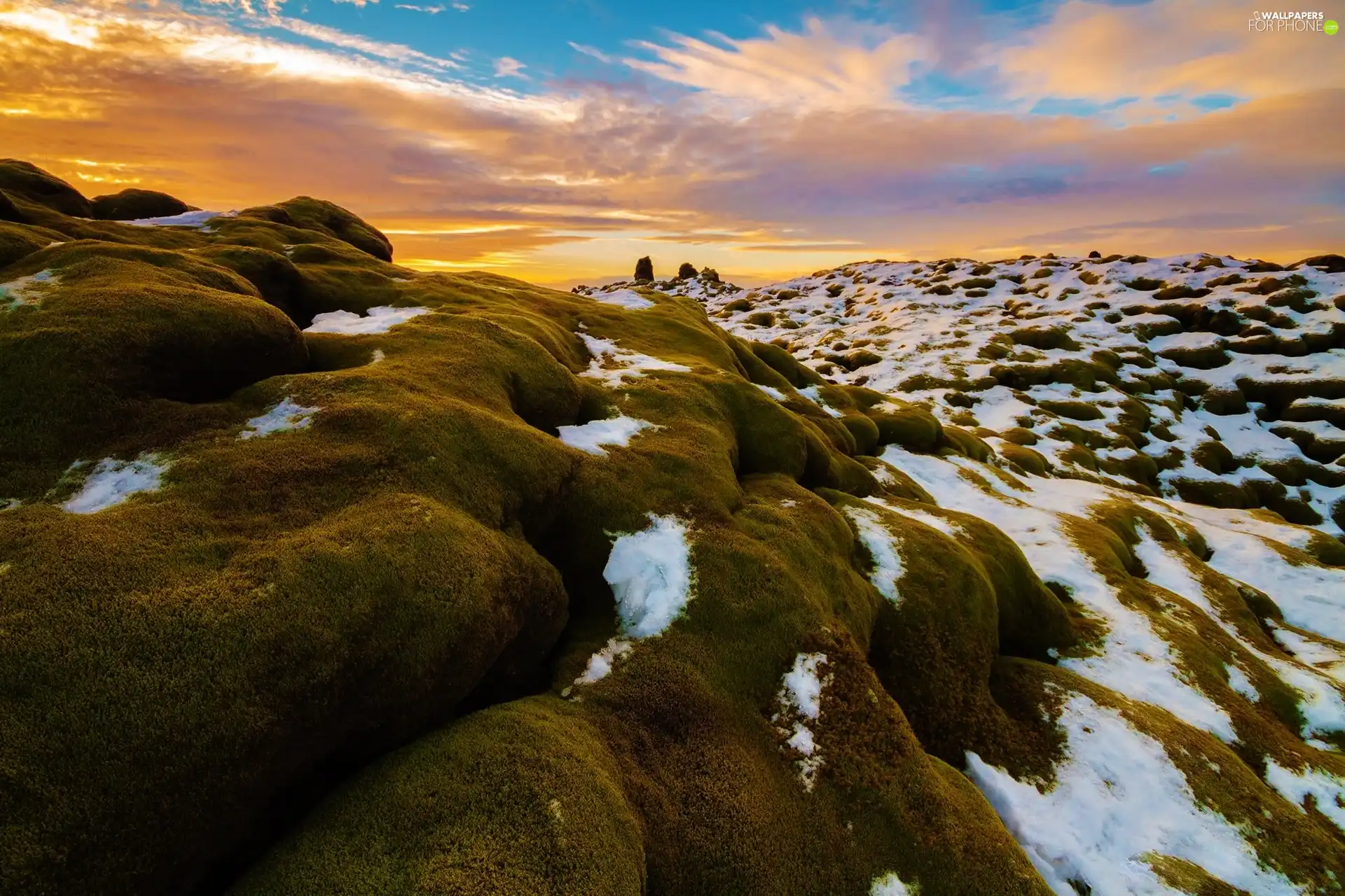 Moss, snow, sun, Stones, west