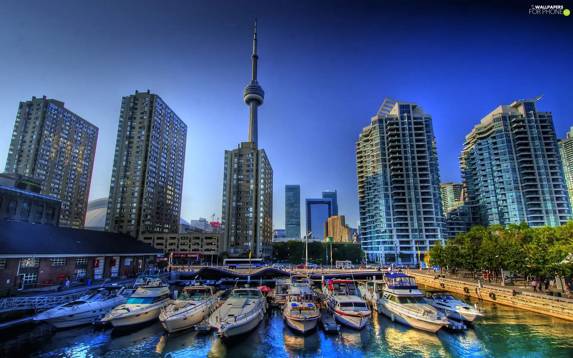 skyscrapers, Toronto, motorboat, clouds