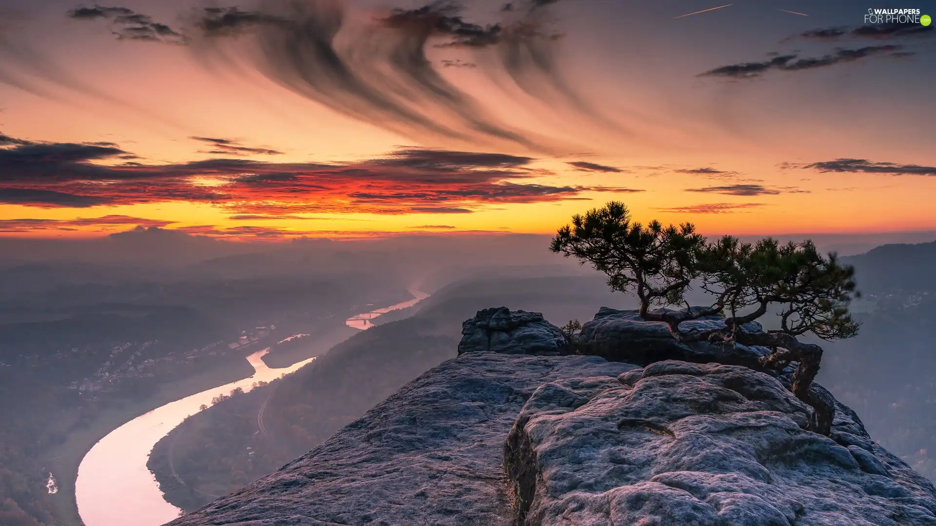 Saxon Switzerland National Park, Germany, Mountains, Lilienstein Mountain, Fog, Great Sunsets, pine, River Elbe, Rocks