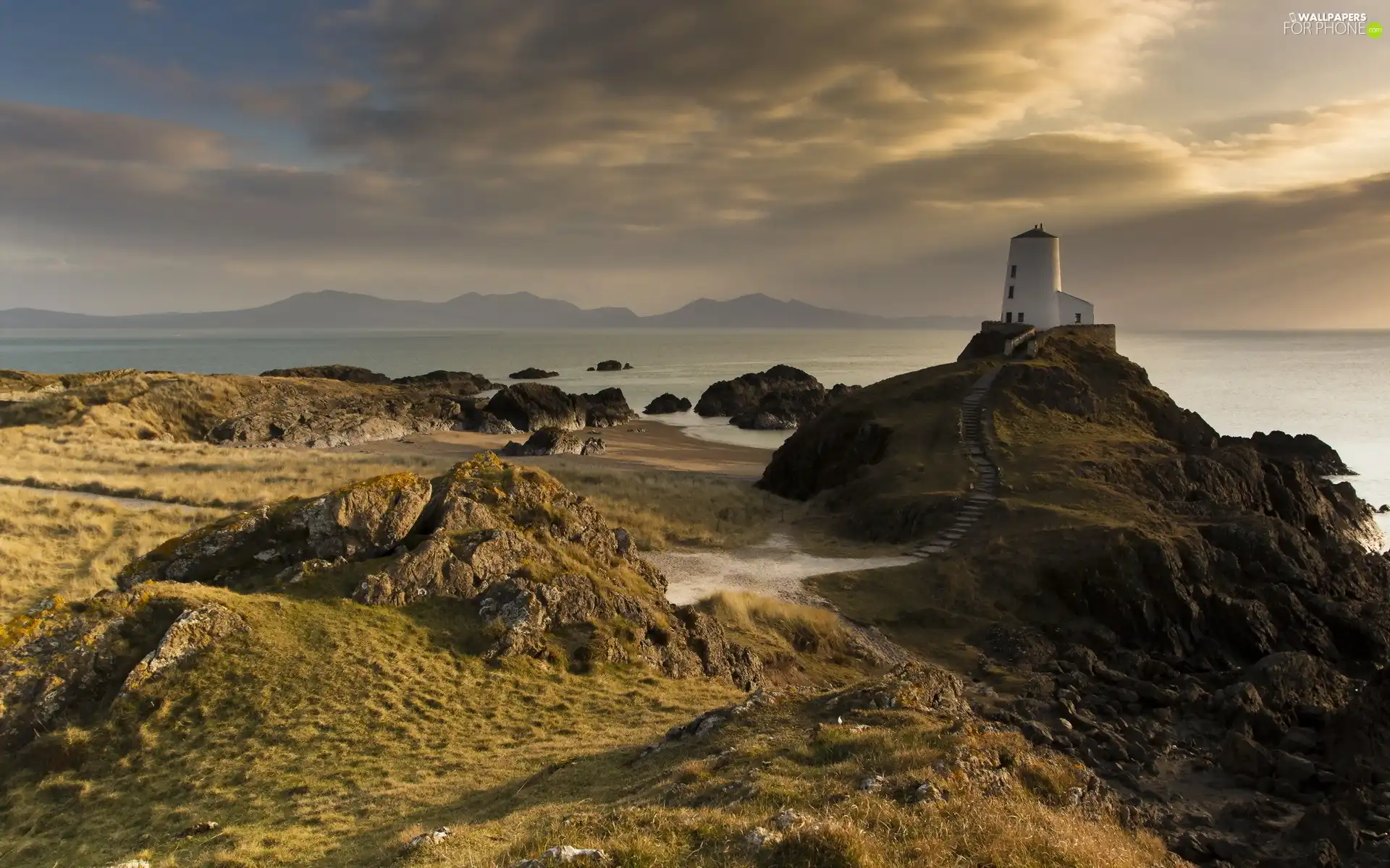 rocks, maritime, clouds, sea, Lighthouse, Mountains, autumn