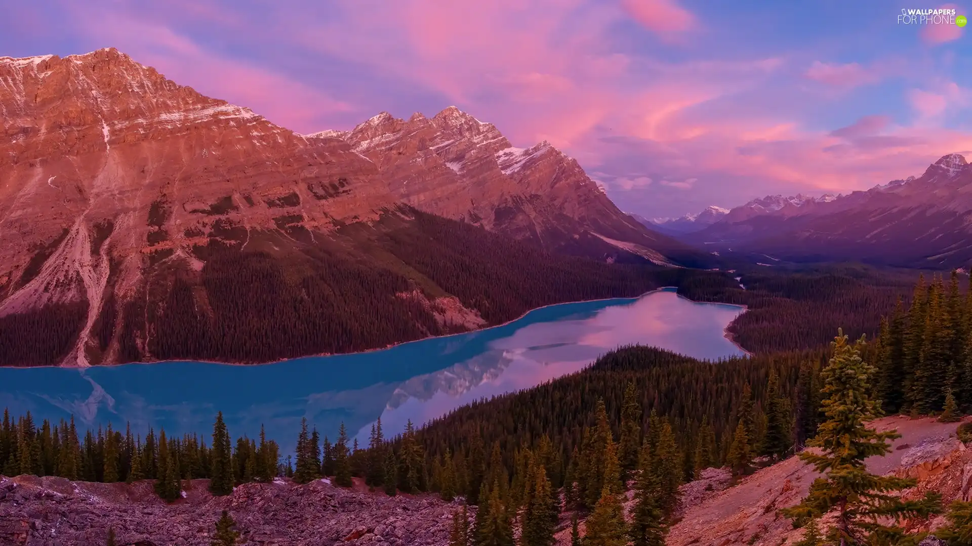 Peyto Lake, Banff National Park, rocks, trees, Alberta, Canada, Mountains, clouds, viewes