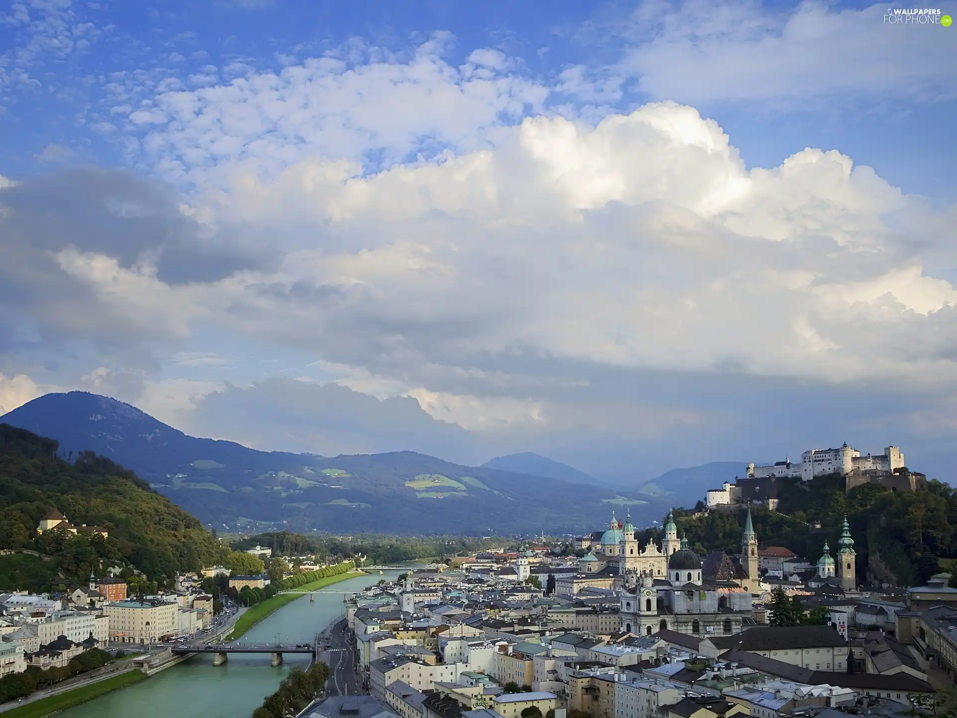 Mountains, bridge, town, River, panorama