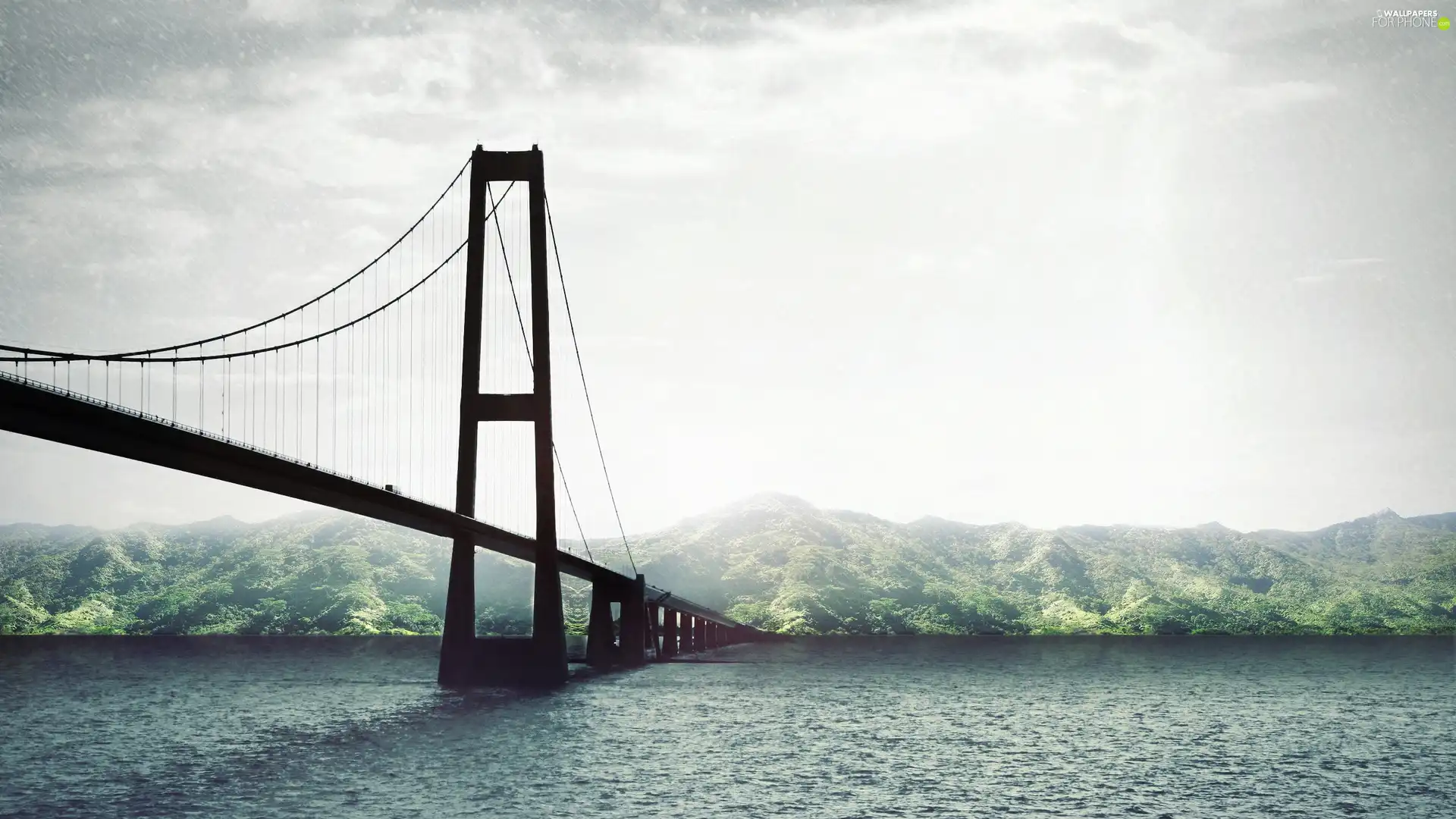 bridge, Rain, Mountains, sea