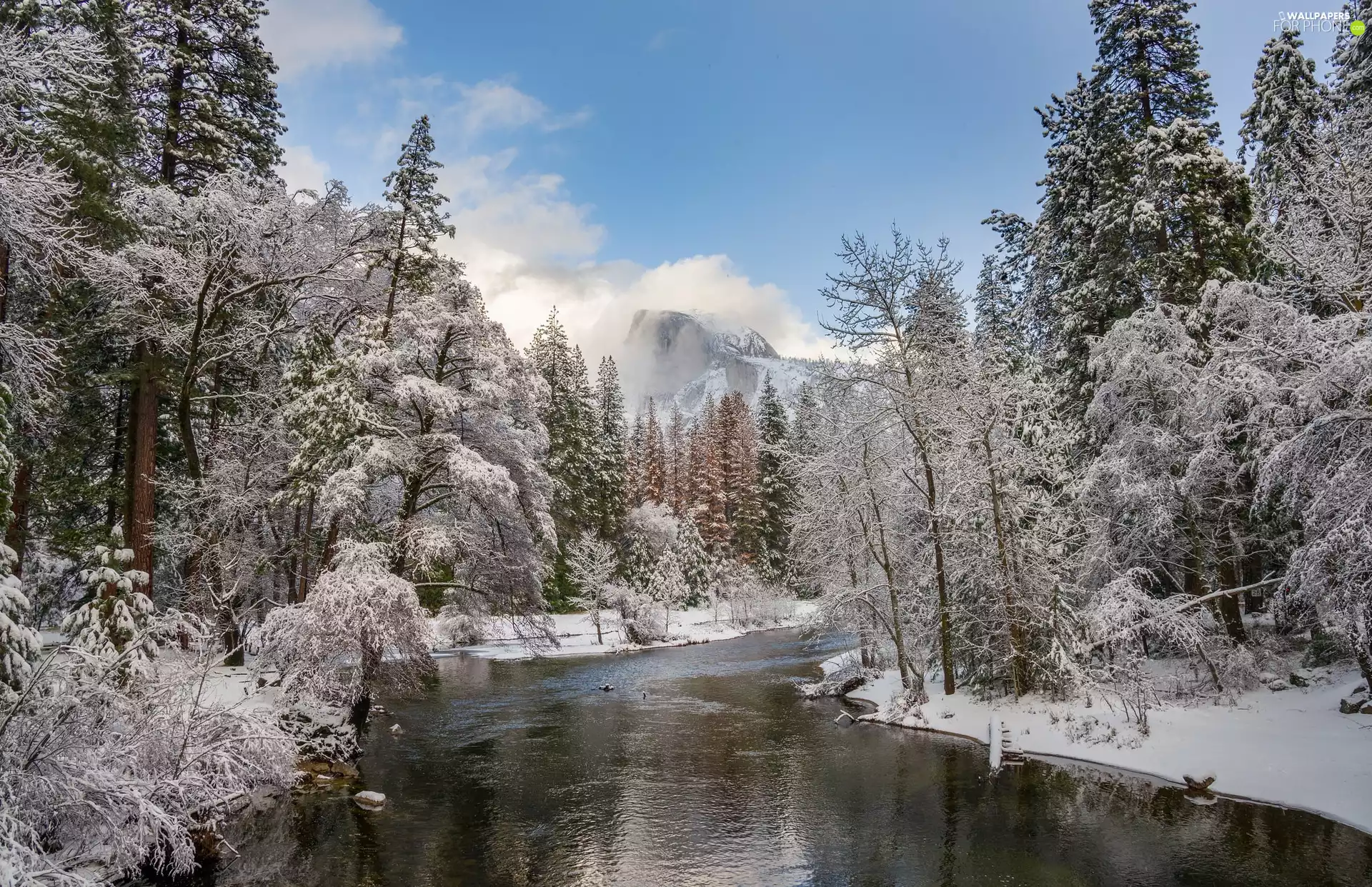 El Capitan Peak, Yosemite National Park, trees, California, viewes, winter, winter, The United States, Merced River, Mountains