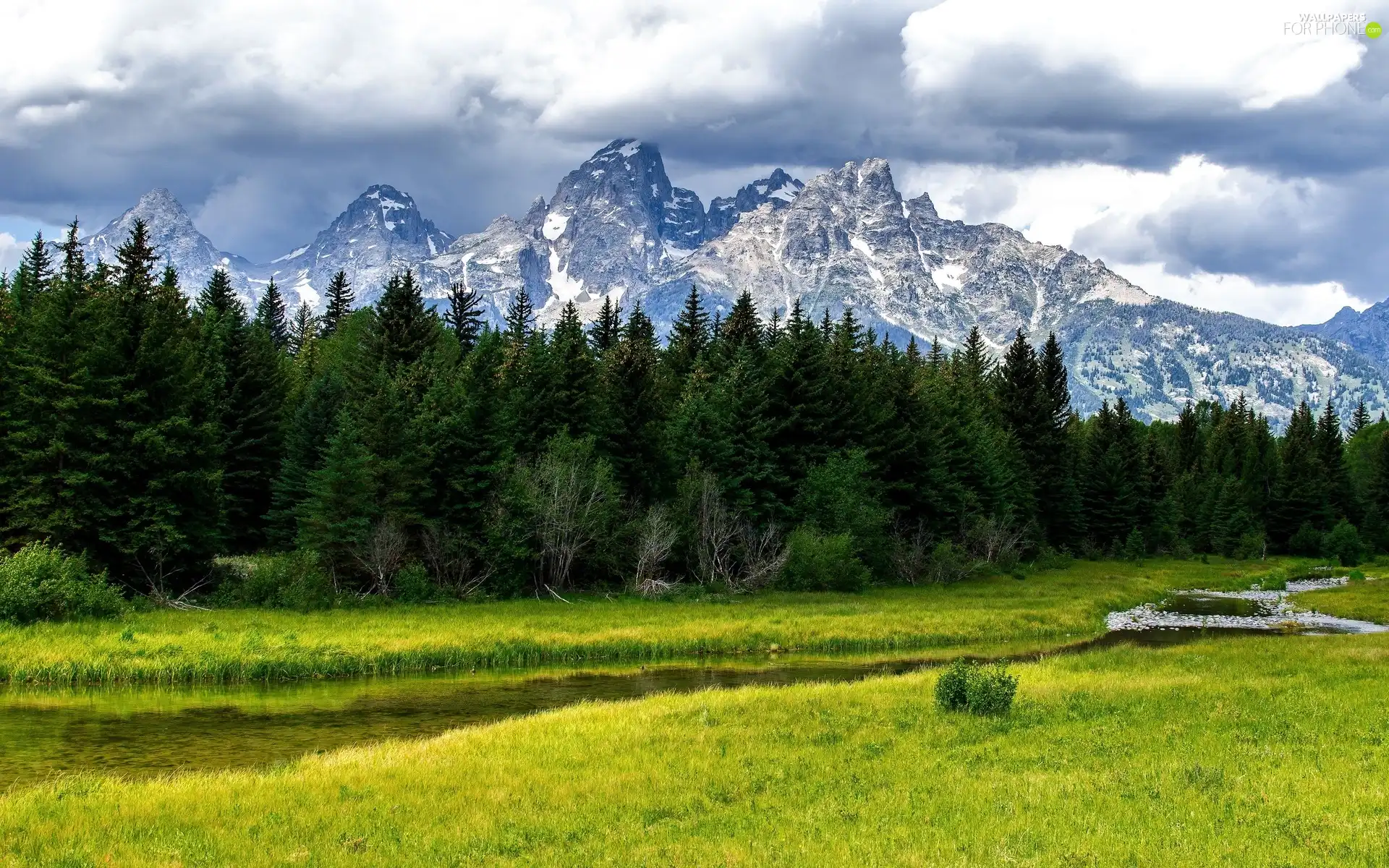 Mountains, clouds, forest, Snowy, brook