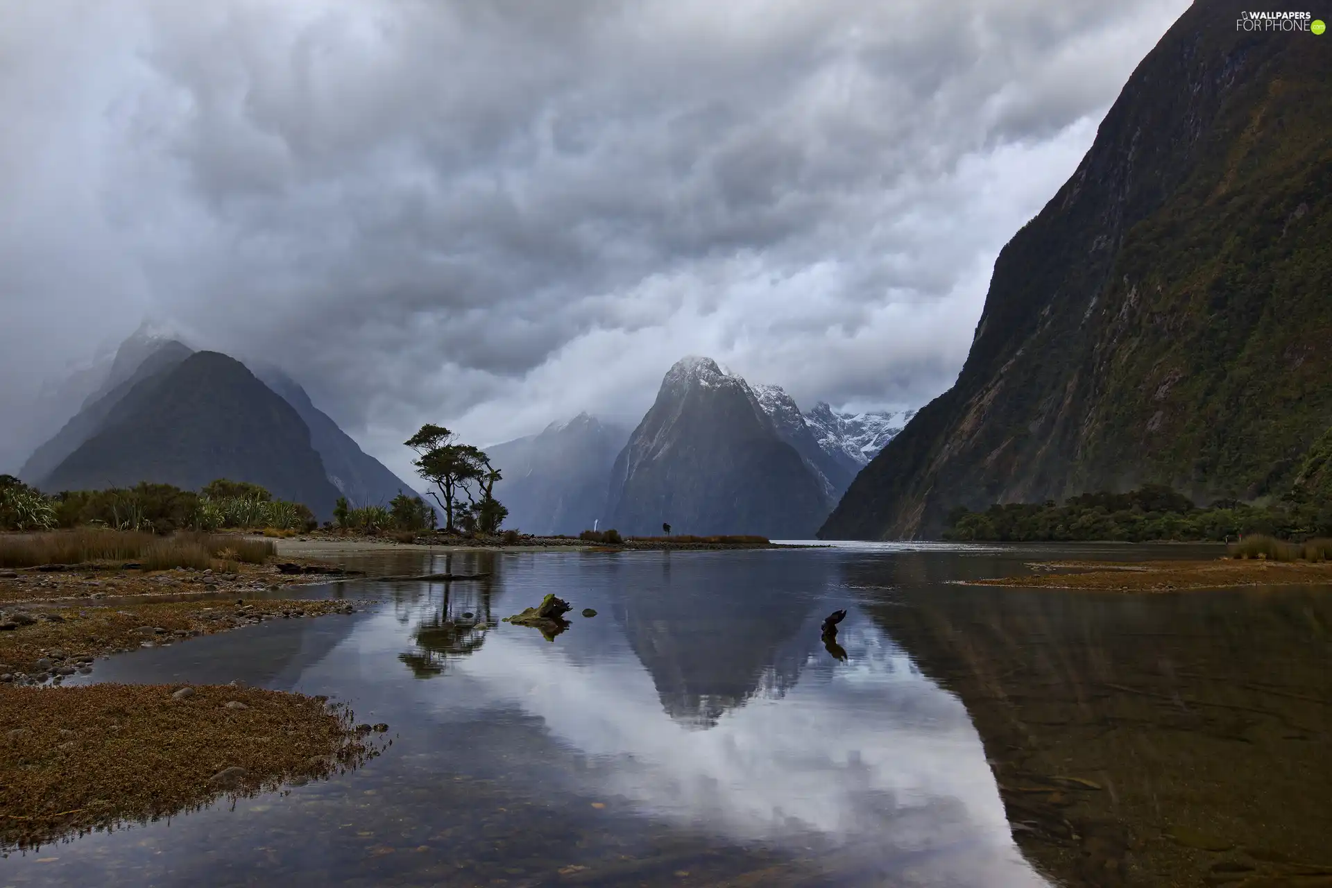 Mountains, River, clouds