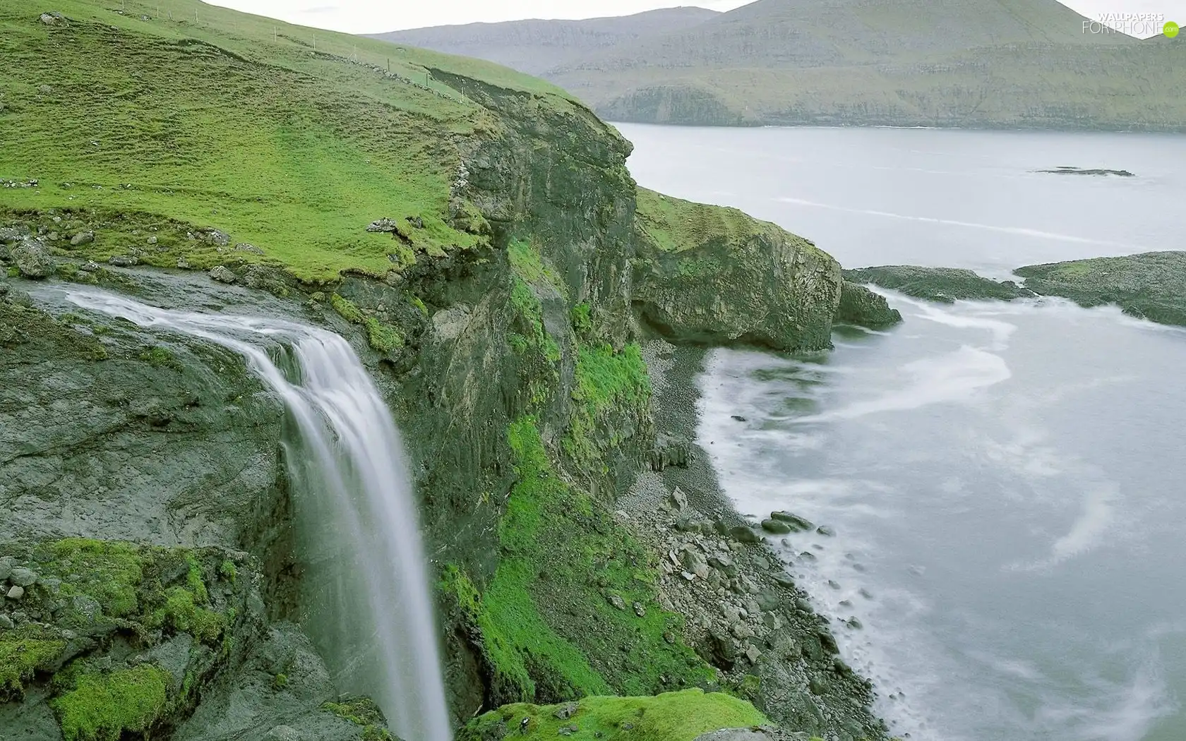 Coast, waterfall, Mountains, rocks