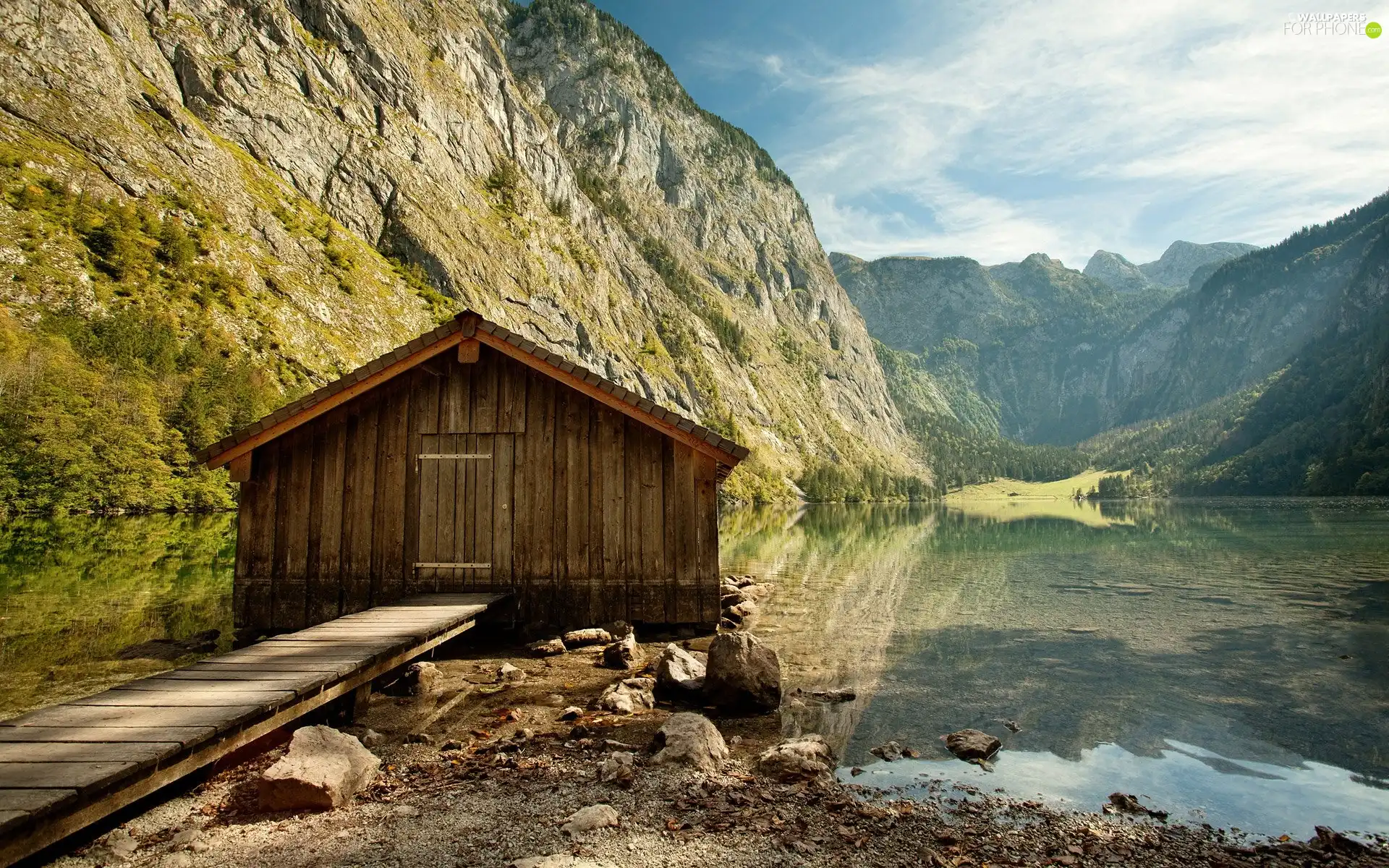 footbridge, lake, Mountains, Cottage