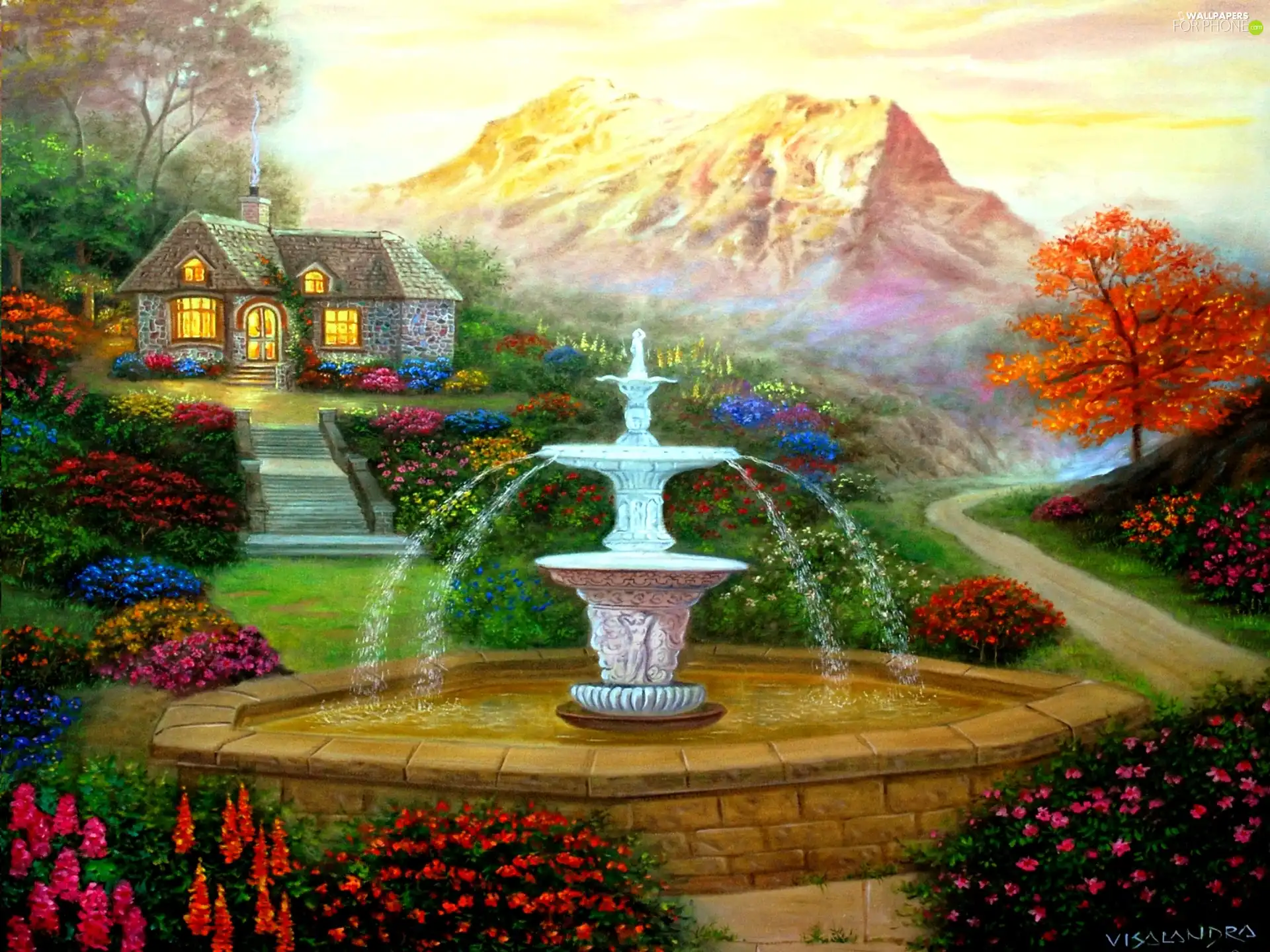 fountain, Garden, Mountains, house