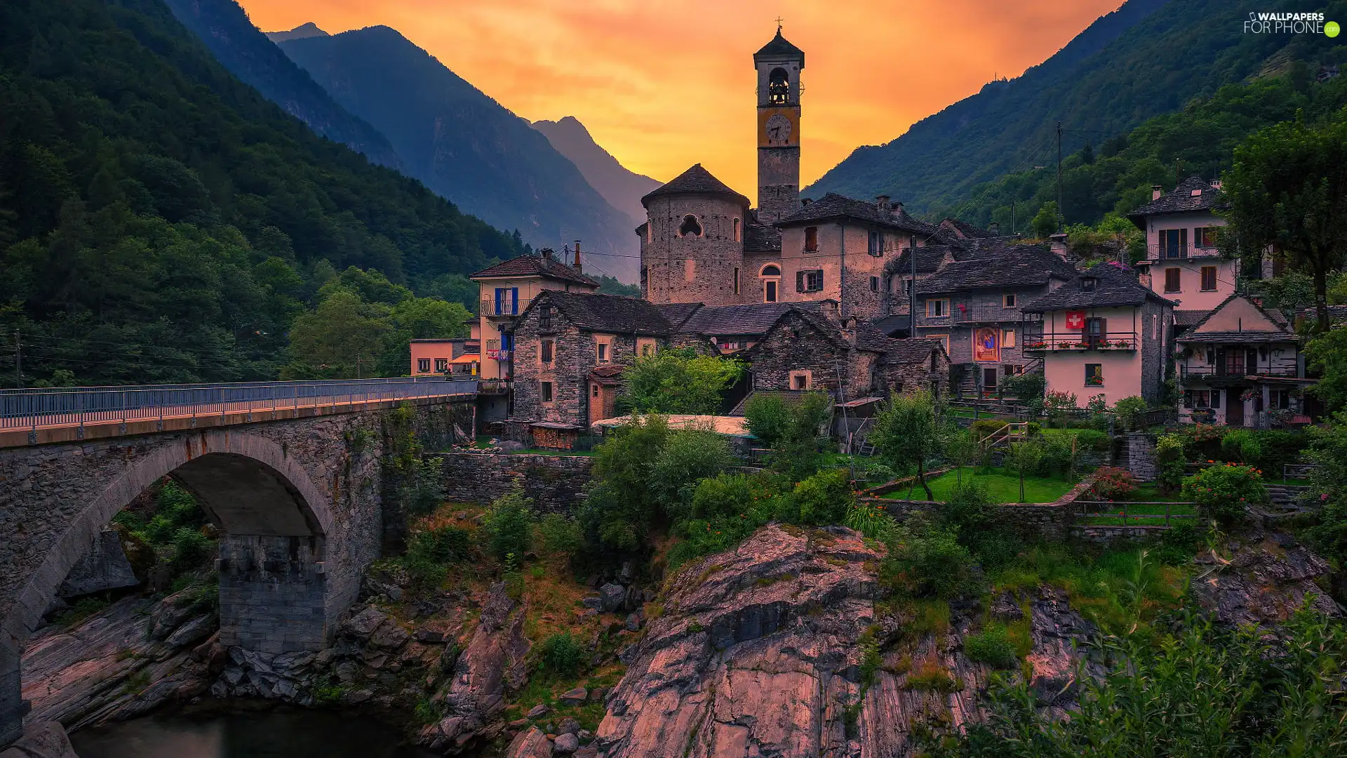 Mountains, bridge, Switzerland, River, Ticino Canton, Houses, Church, Lavertezzo