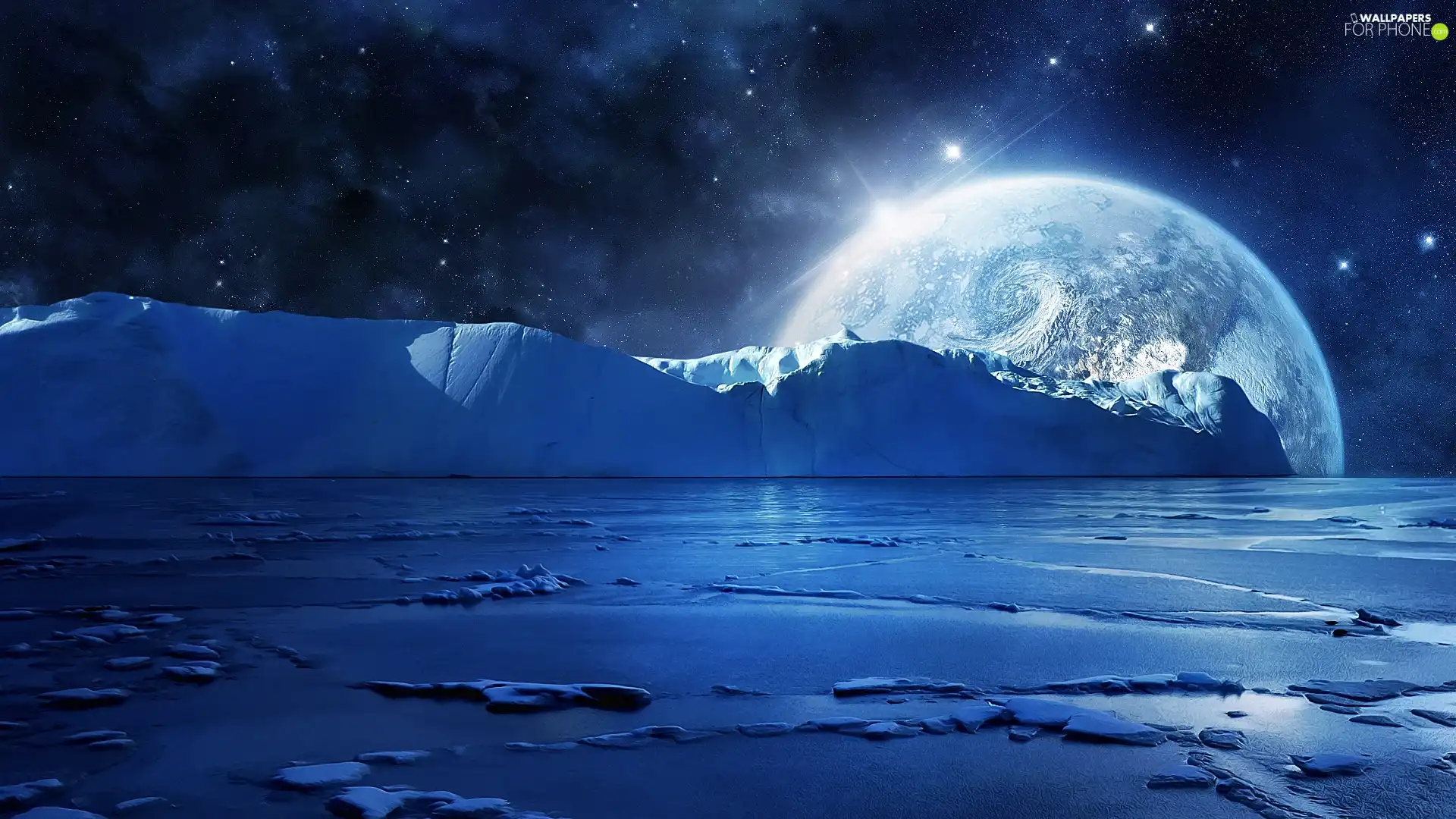 Mountains, ice, star, sea, moon