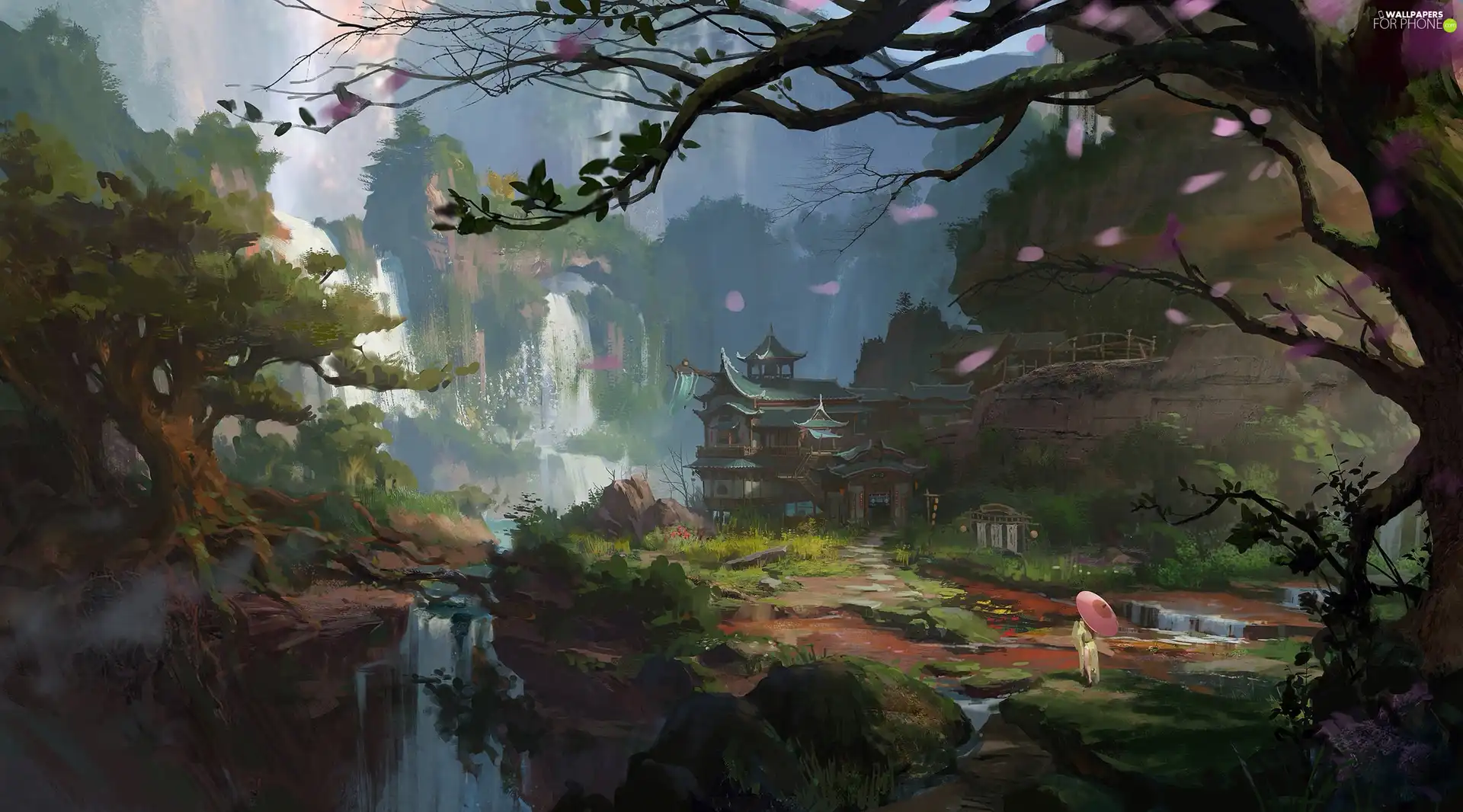 picture, painting, Mountains, River, girl, umbrella, japanese, house, waterfall