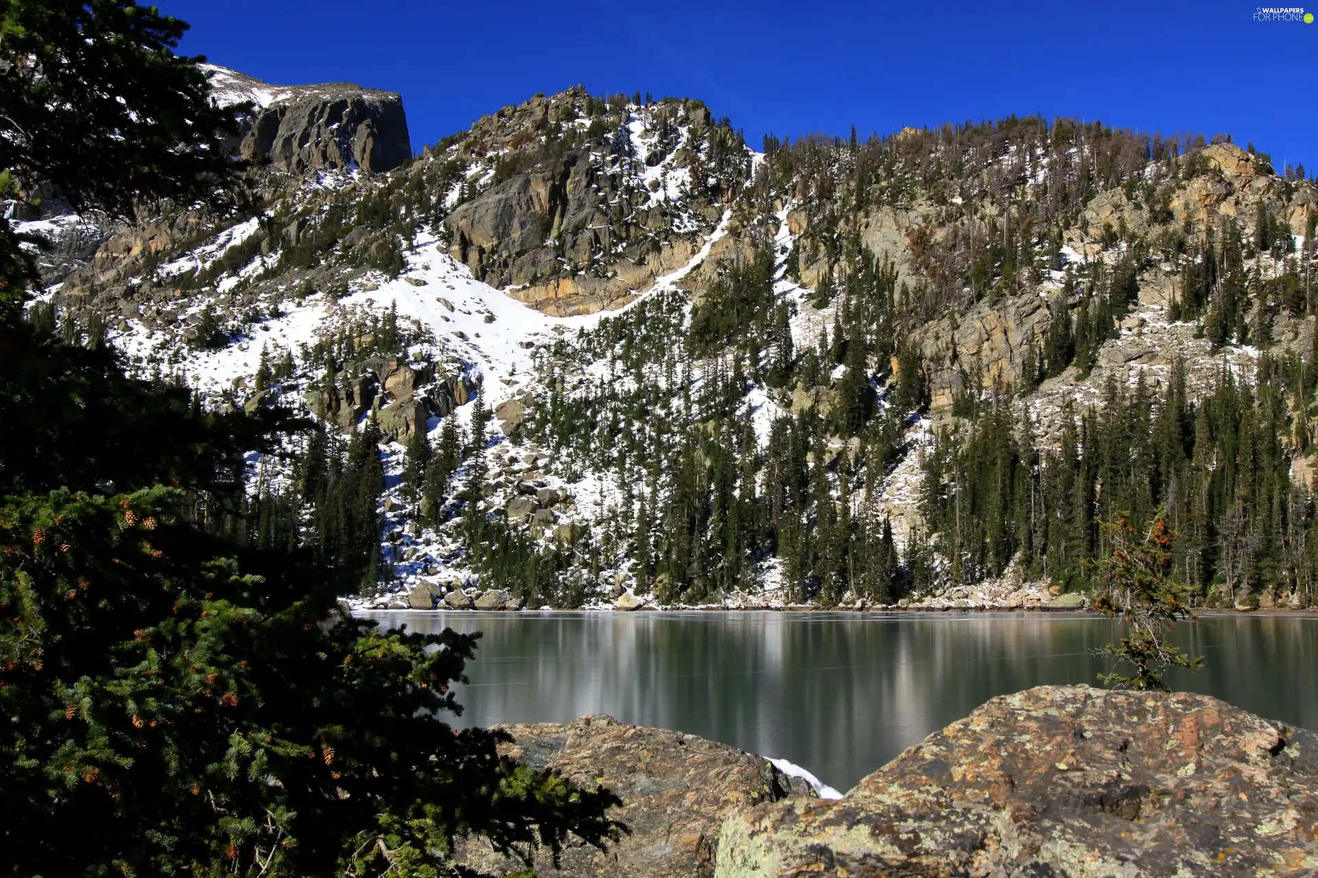 Mountains, lake, viewes, rocks, trees