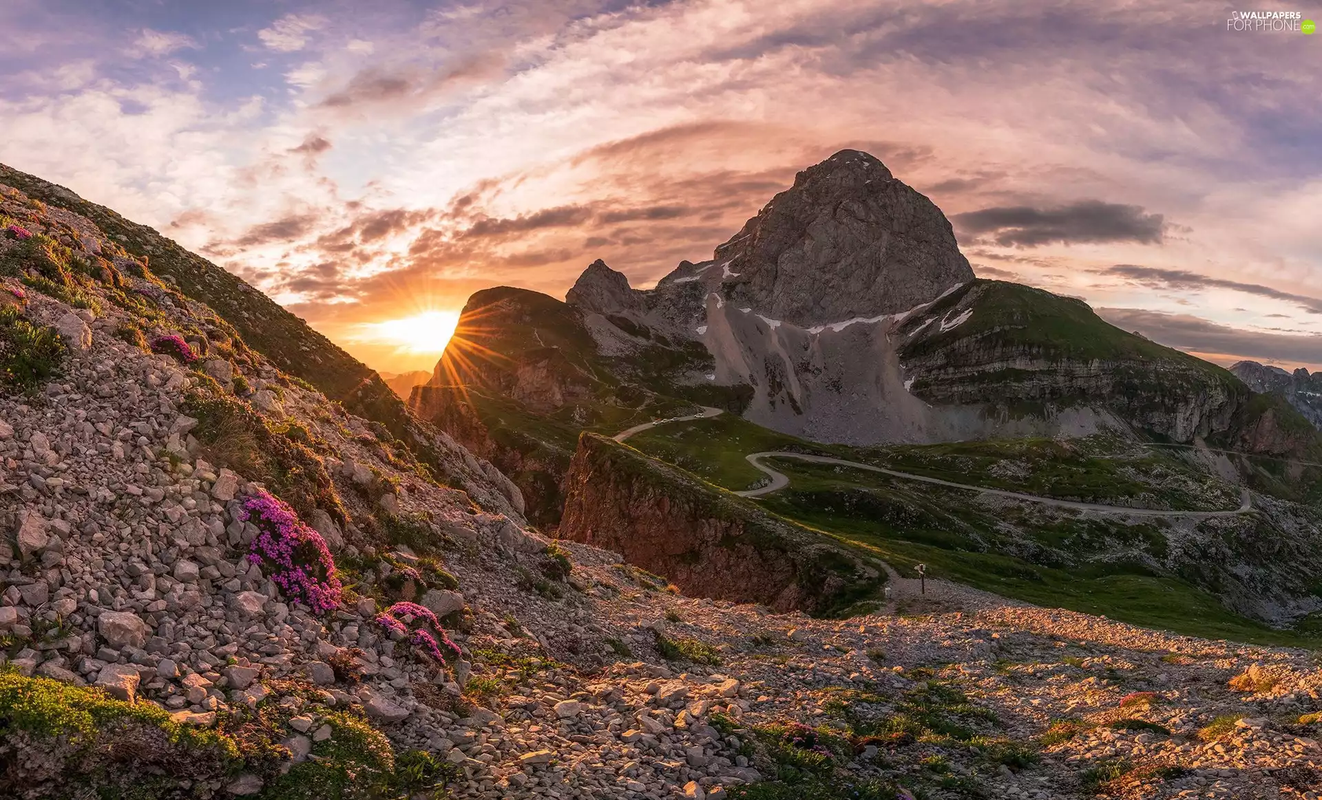 Sunrise, Julian Alps Mountains, rays of the Sun, Slovenia, Mangart Peak, Stones, Trails
