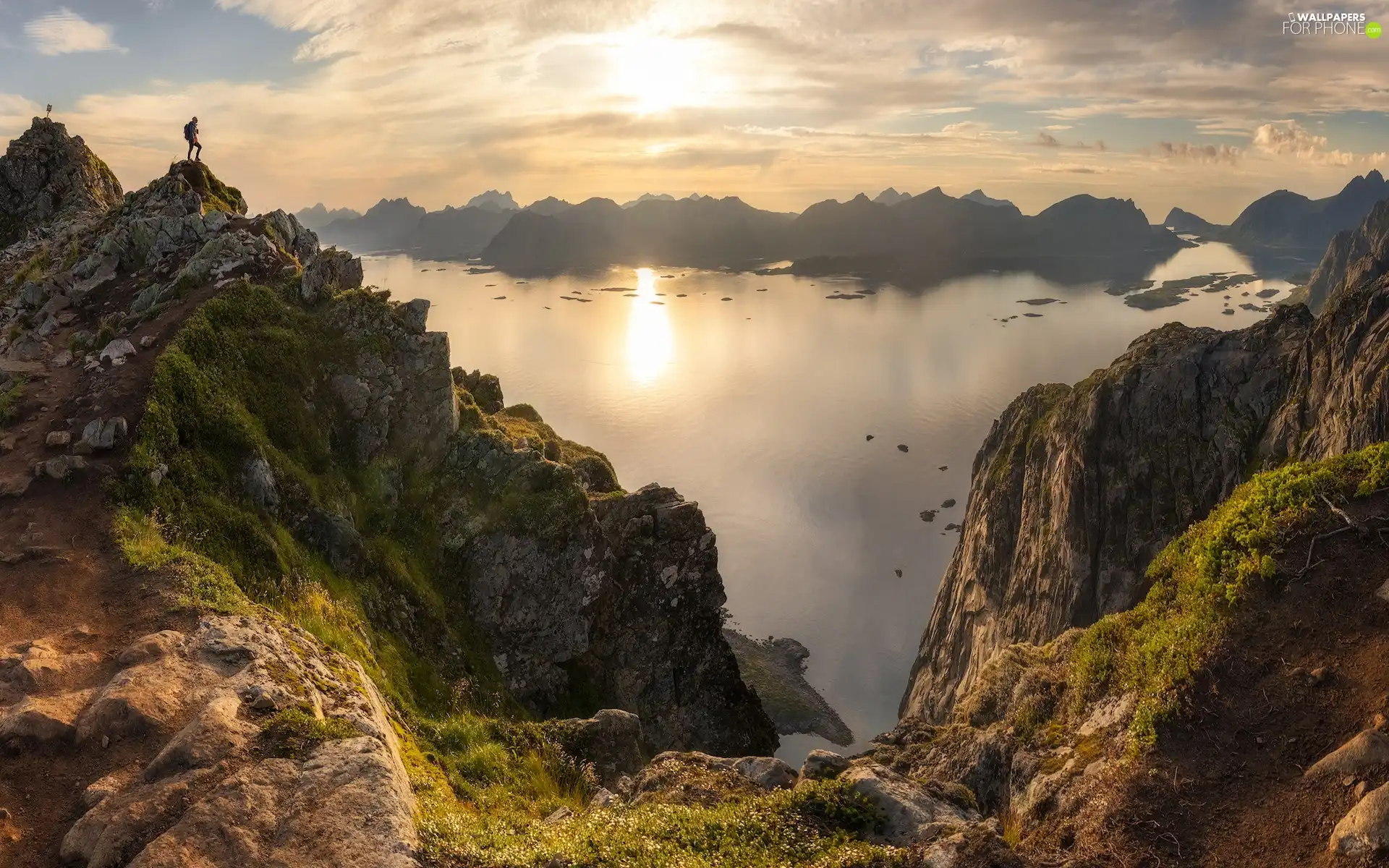 Mountains, Norway, Human, light breaking through sky, rocks, Norwegian Sea