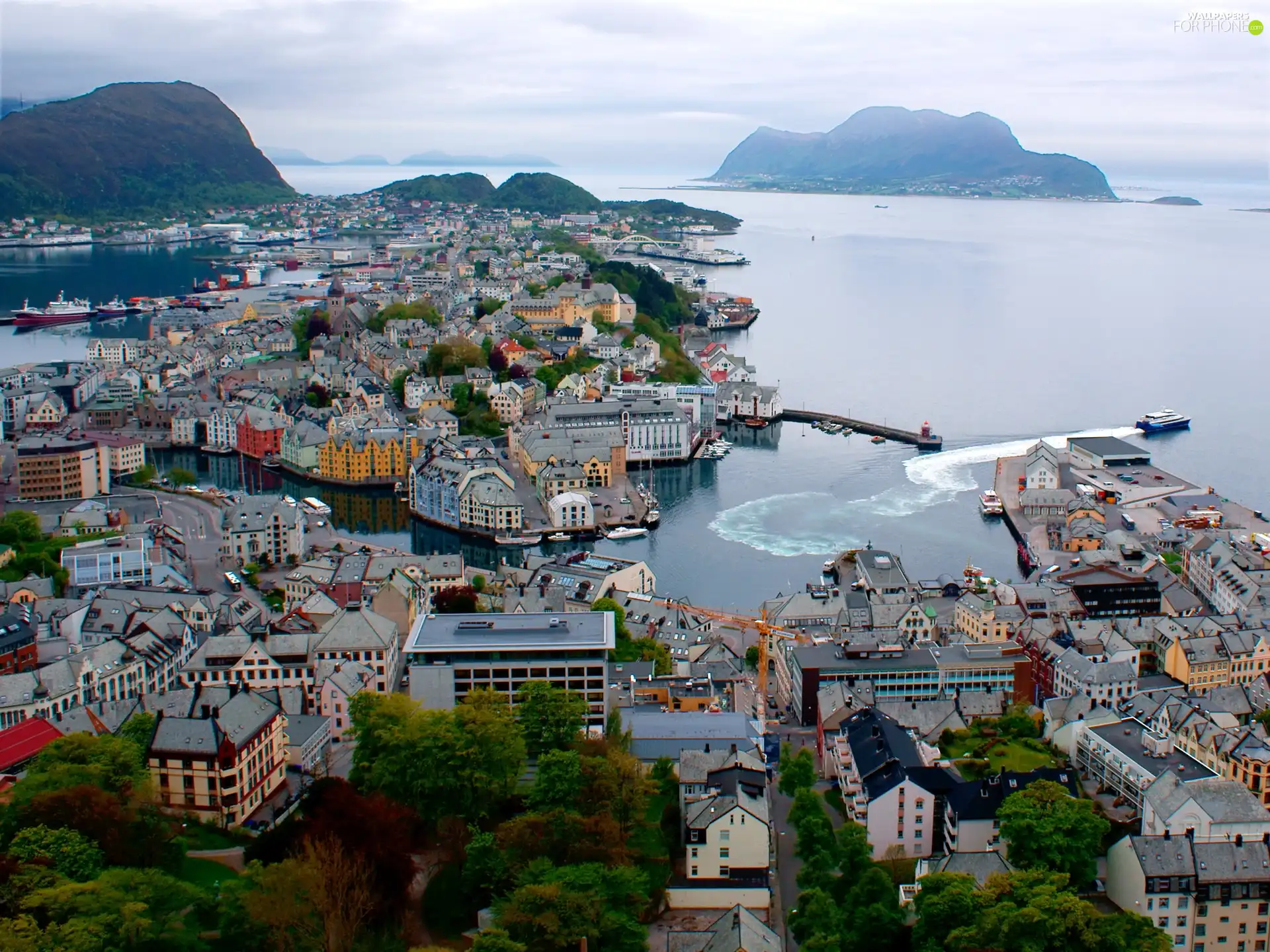 panorama, sea, Mountains, town