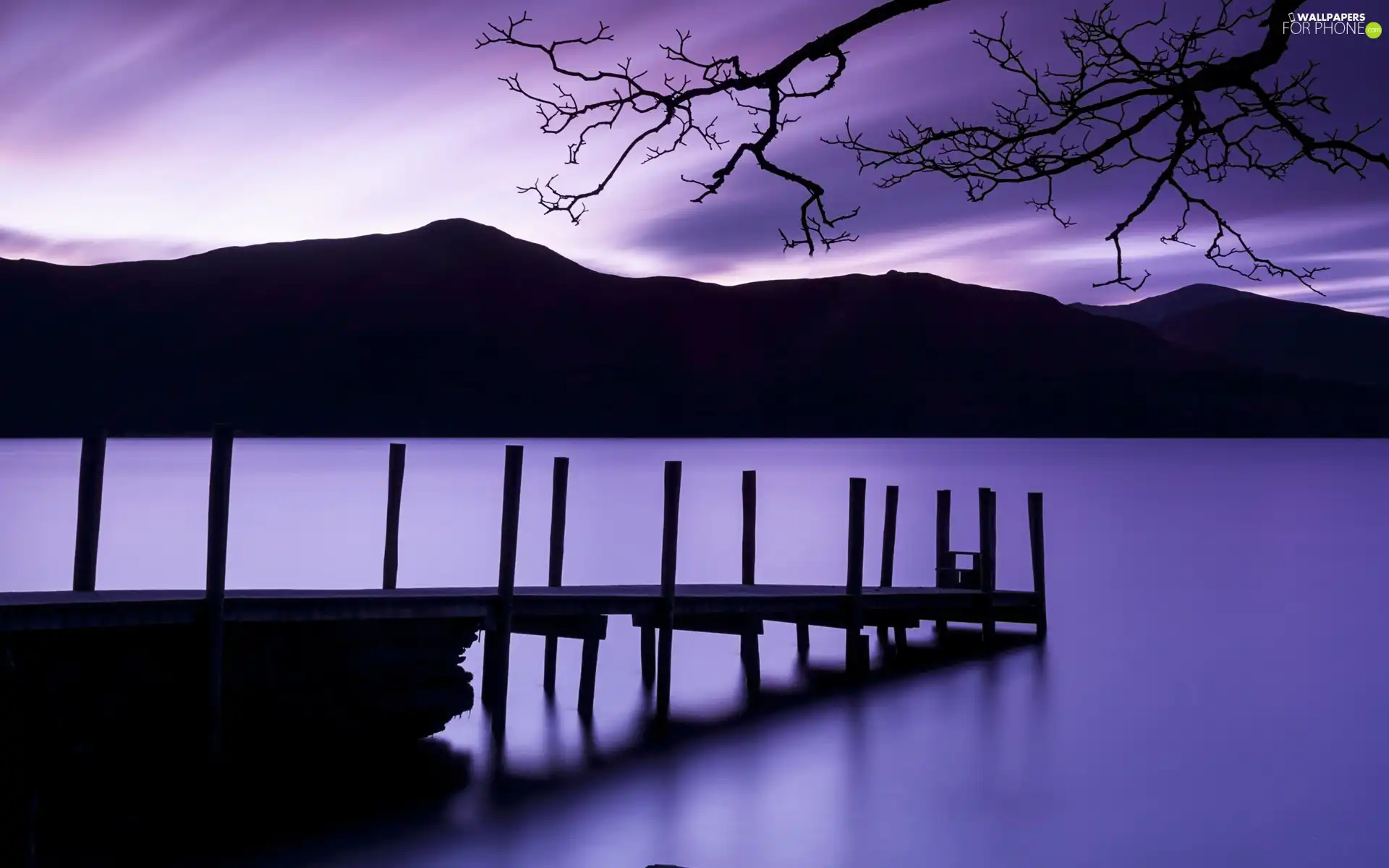 Mountains, pier, lake, twilight, summer