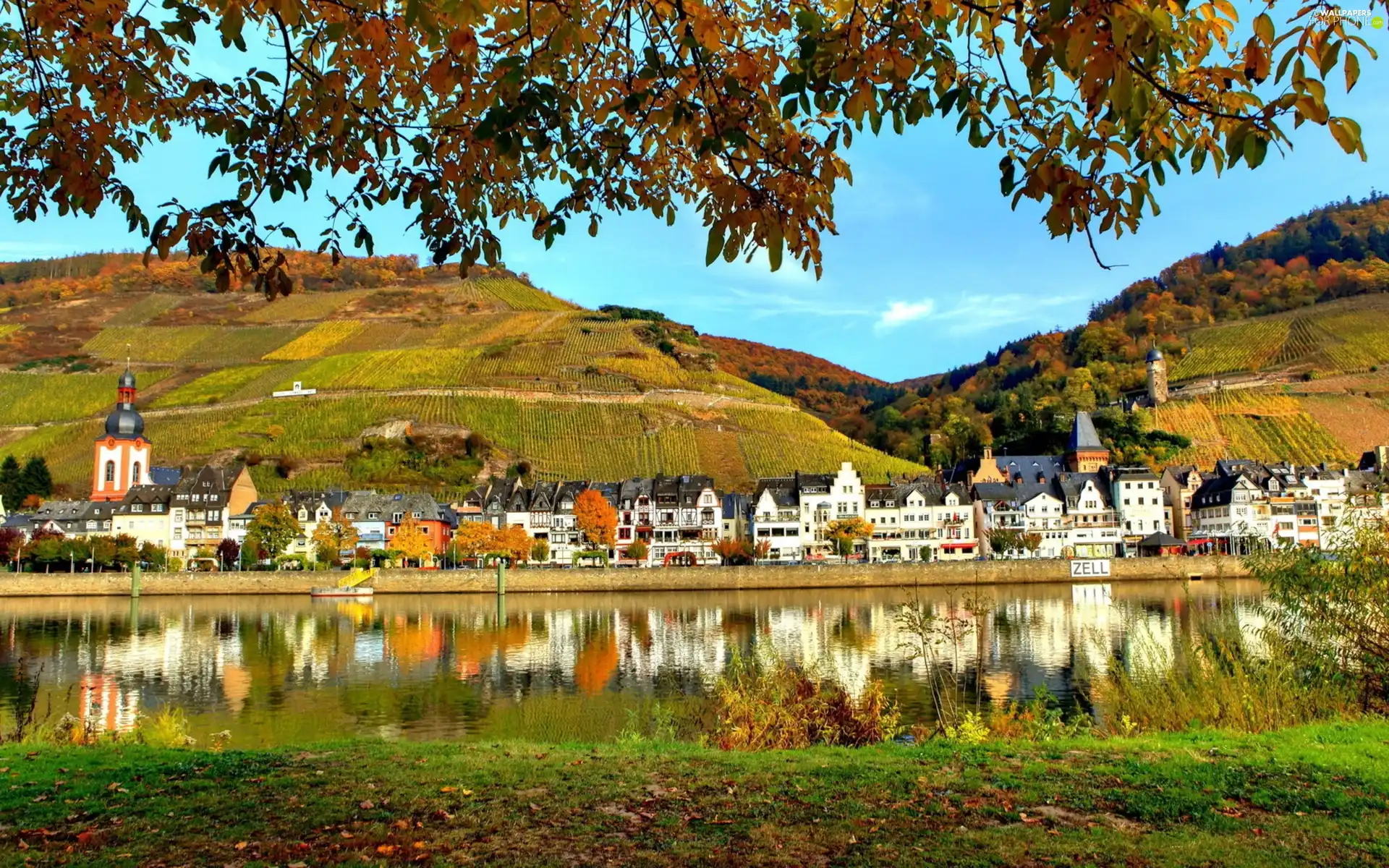 River, Church, Mountains, Houses