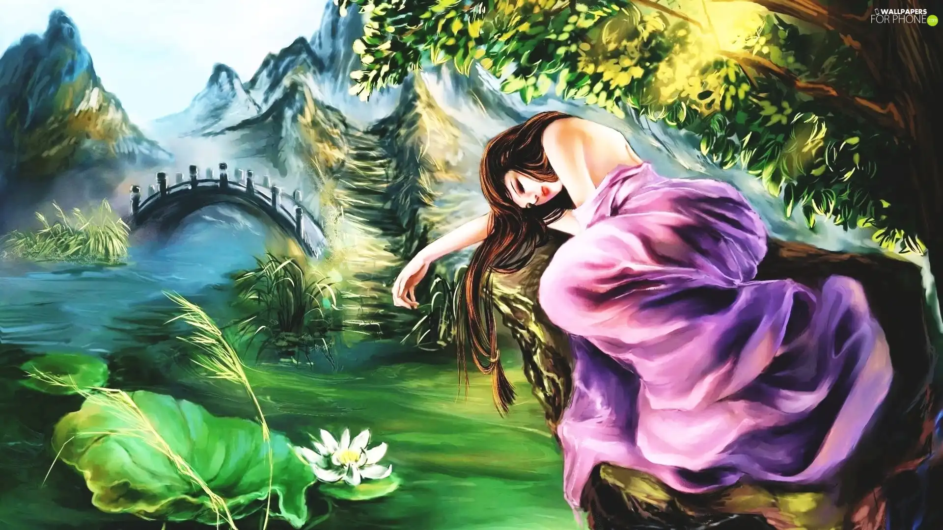 Mountains, River, Women, trees, the sleeping