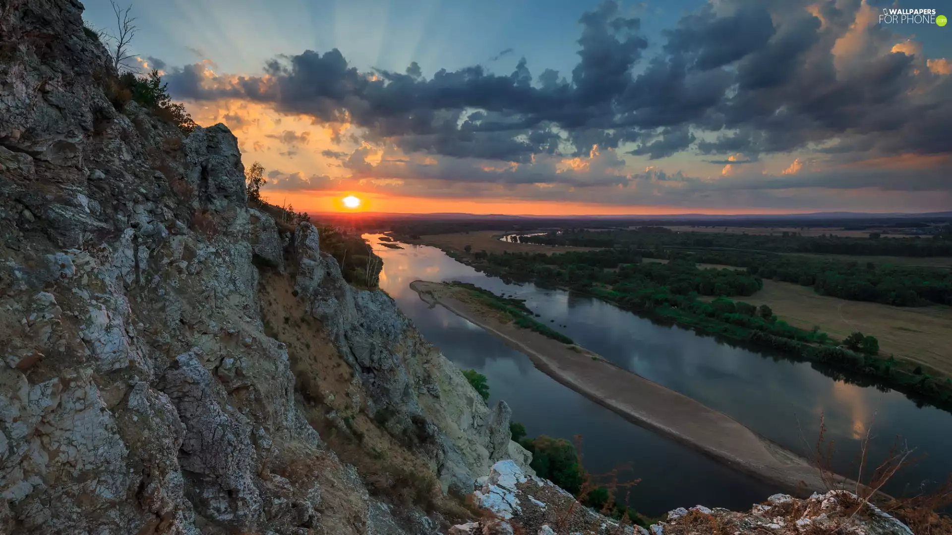Islet, River, Rocks, clouds, Great Sunsets, field, mountains