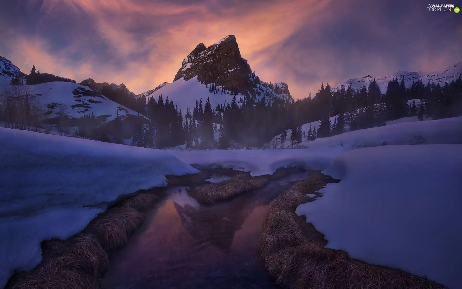 Mountains, forest, Great Sunsets, trees, River, snow, winter, viewes