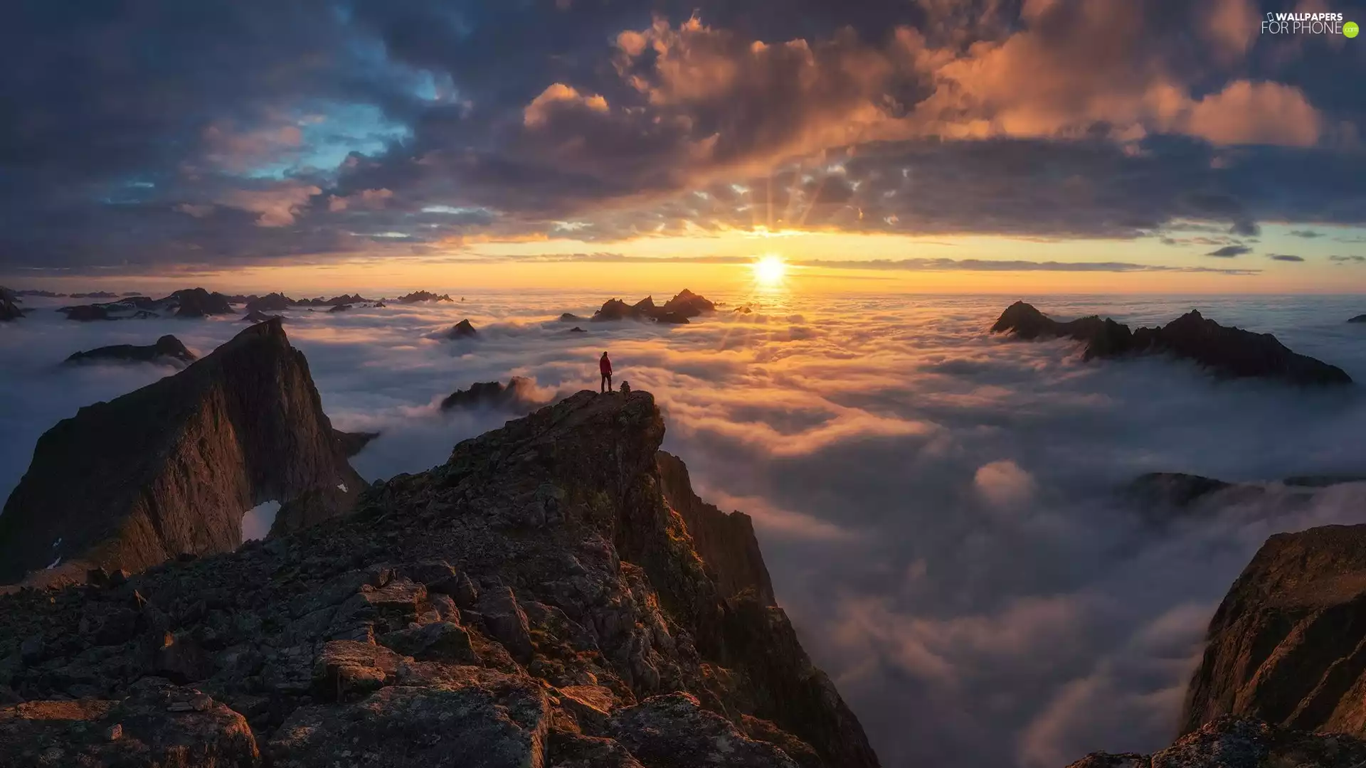 Human, Lofoten, Sunrise, Mountains, Norway, Fog, clouds