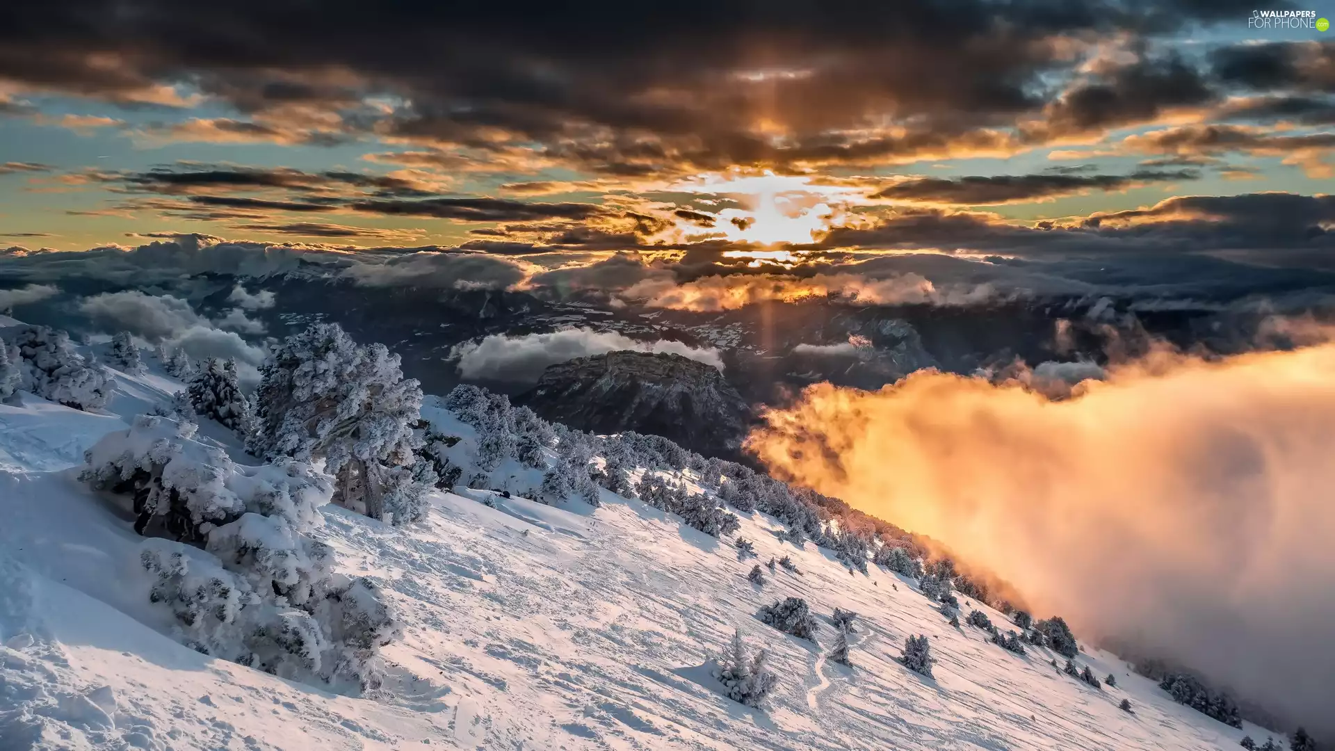 clouds, Great Sunsets, Mountains, Hill-side, winter