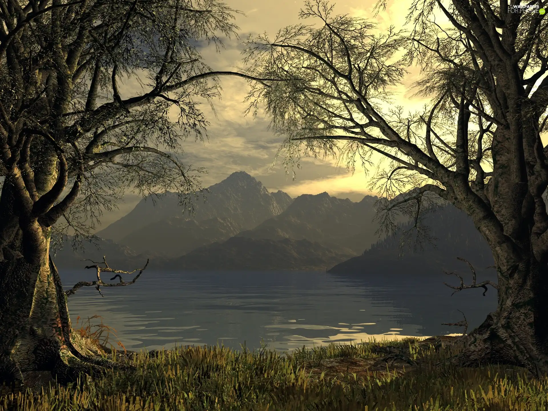 trees, lake, Mountains, viewes