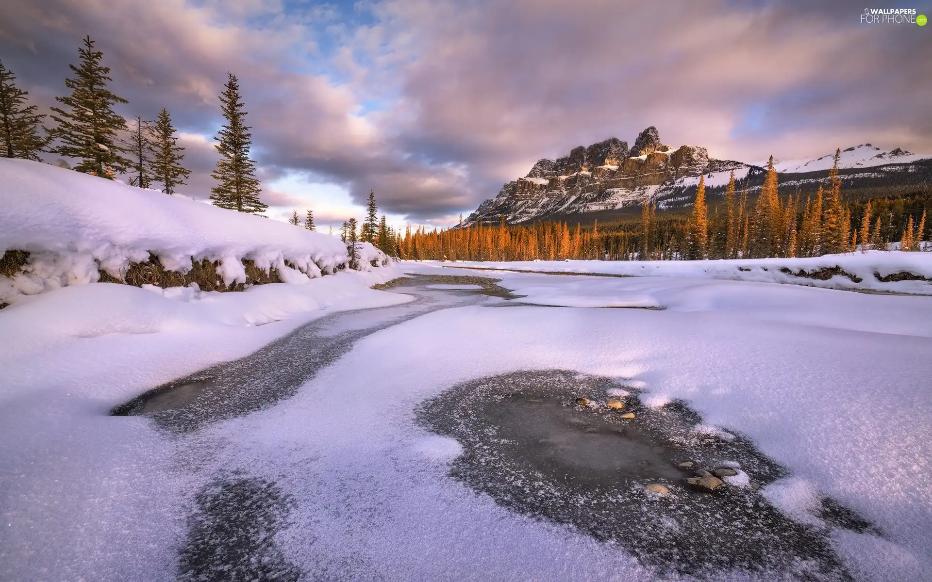 lake, snow, viewes, Mountains, winter, trees, clouds