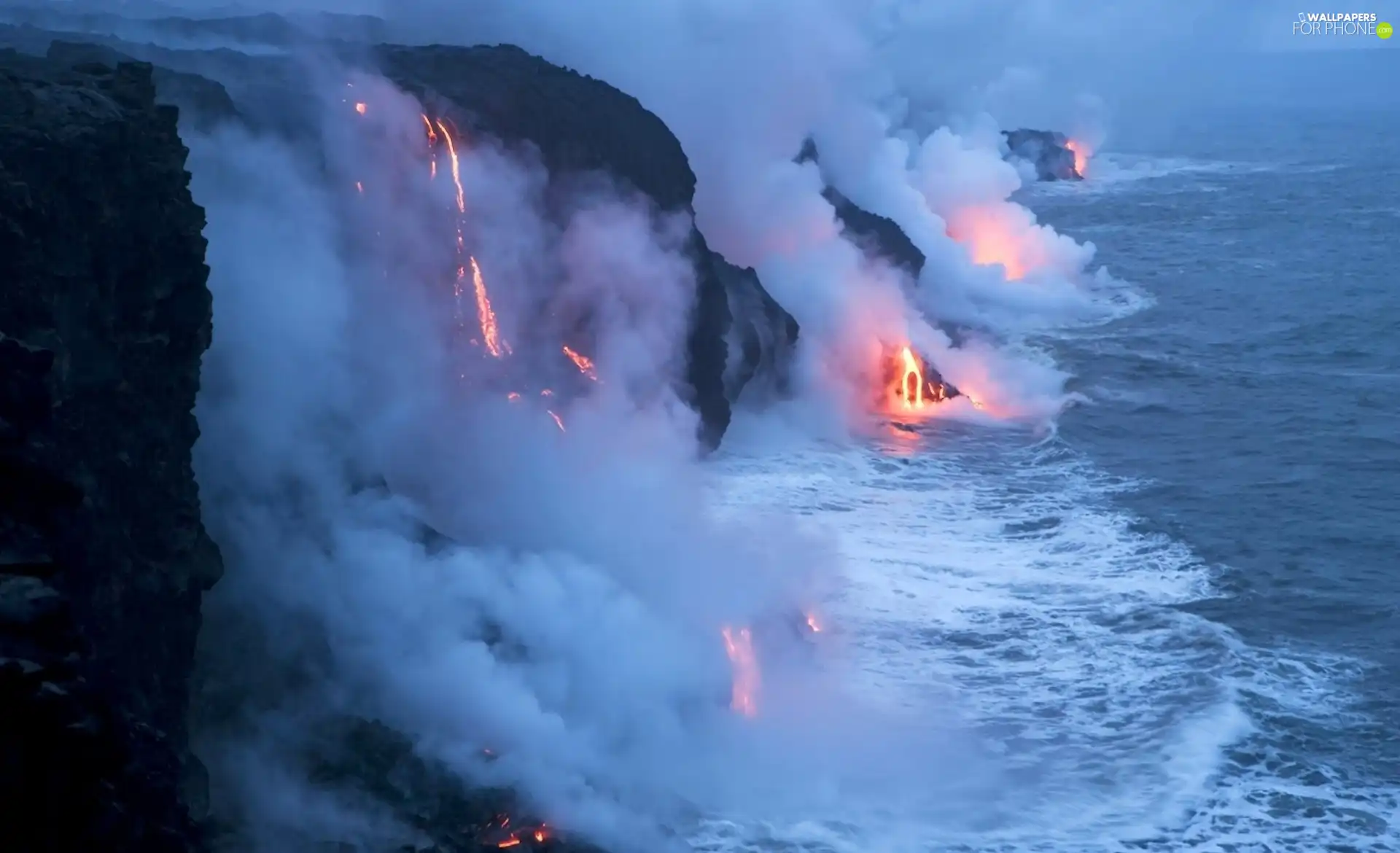 volcano, sea, Mountains, Lava